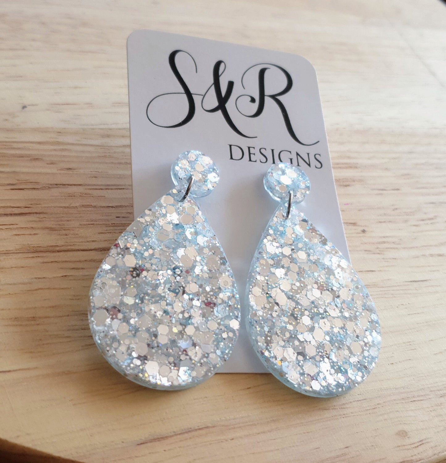 Teardrops Resin Long Salty Blue Earrings, Very Light Blue with Holographic Silver Glitter Resin, Stainless Steel, Statement Earrings