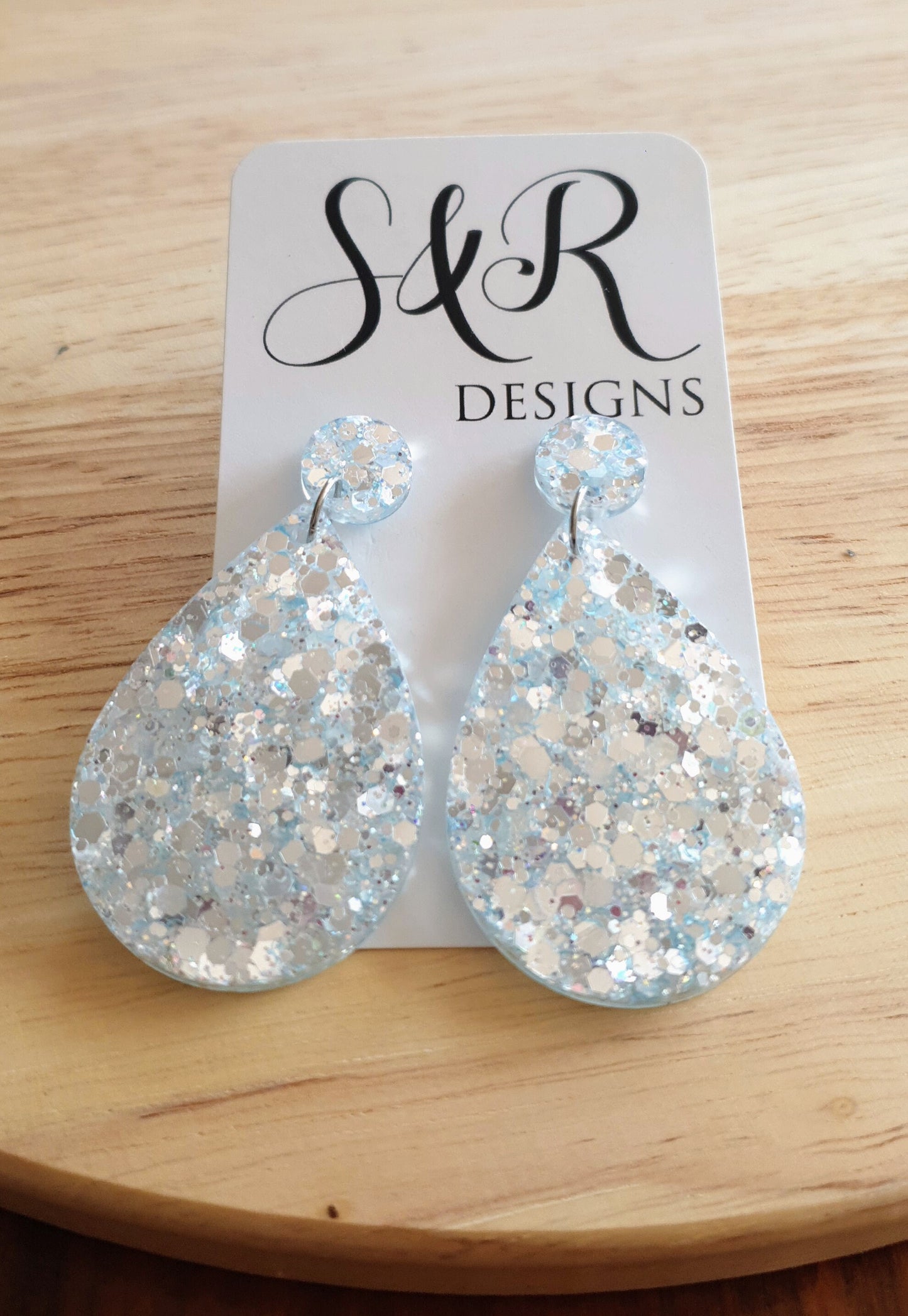 Teardrops Resin Long Salty Blue Earrings, Very Light Blue with Holographic Silver Glitter Resin, Stainless Steel, Statement Earrings