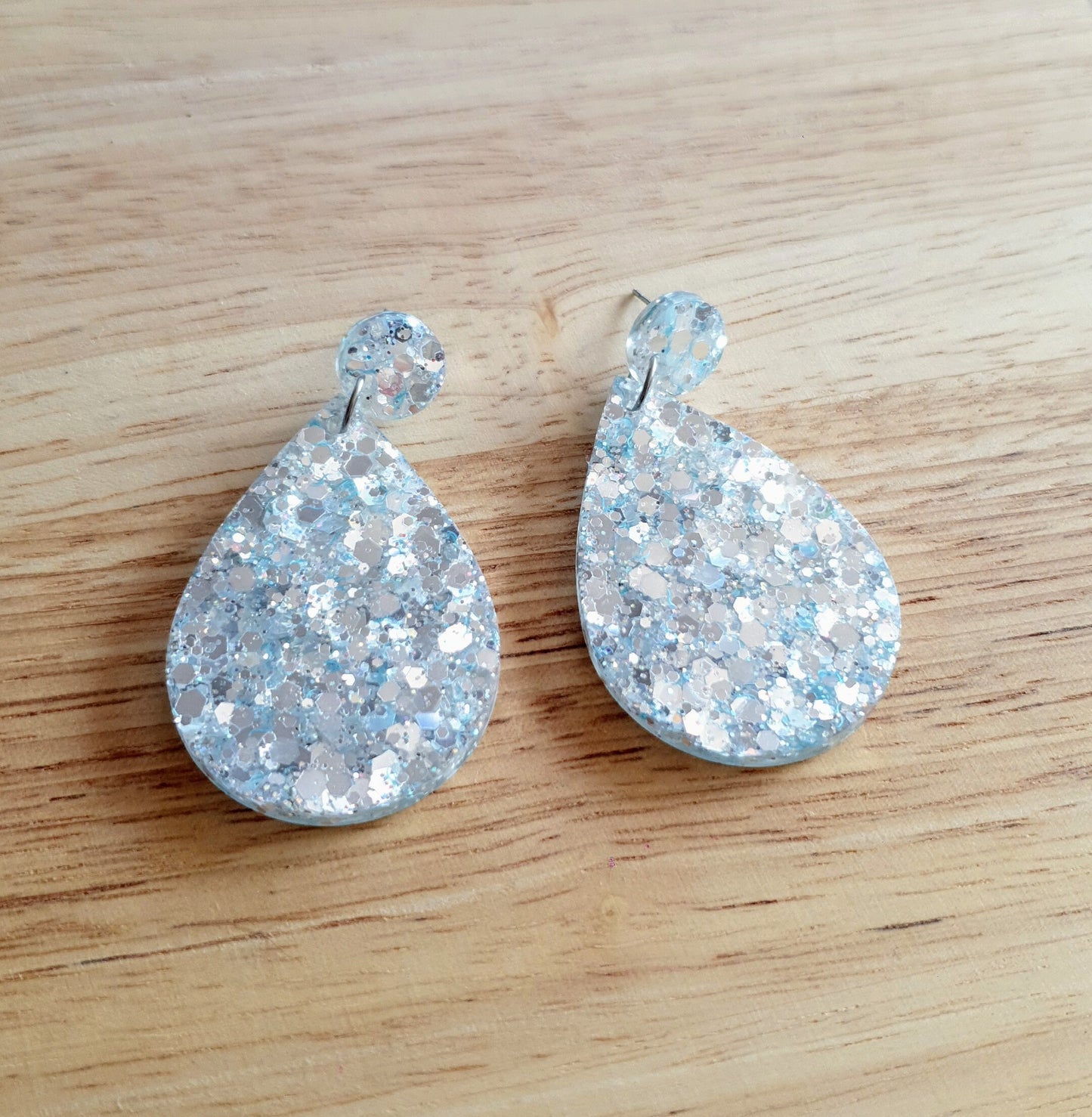 Teardrops Resin Long Salty Blue Earrings, Very Light Blue with Holographic Silver Glitter Resin, Stainless Steel, Statement Earrings