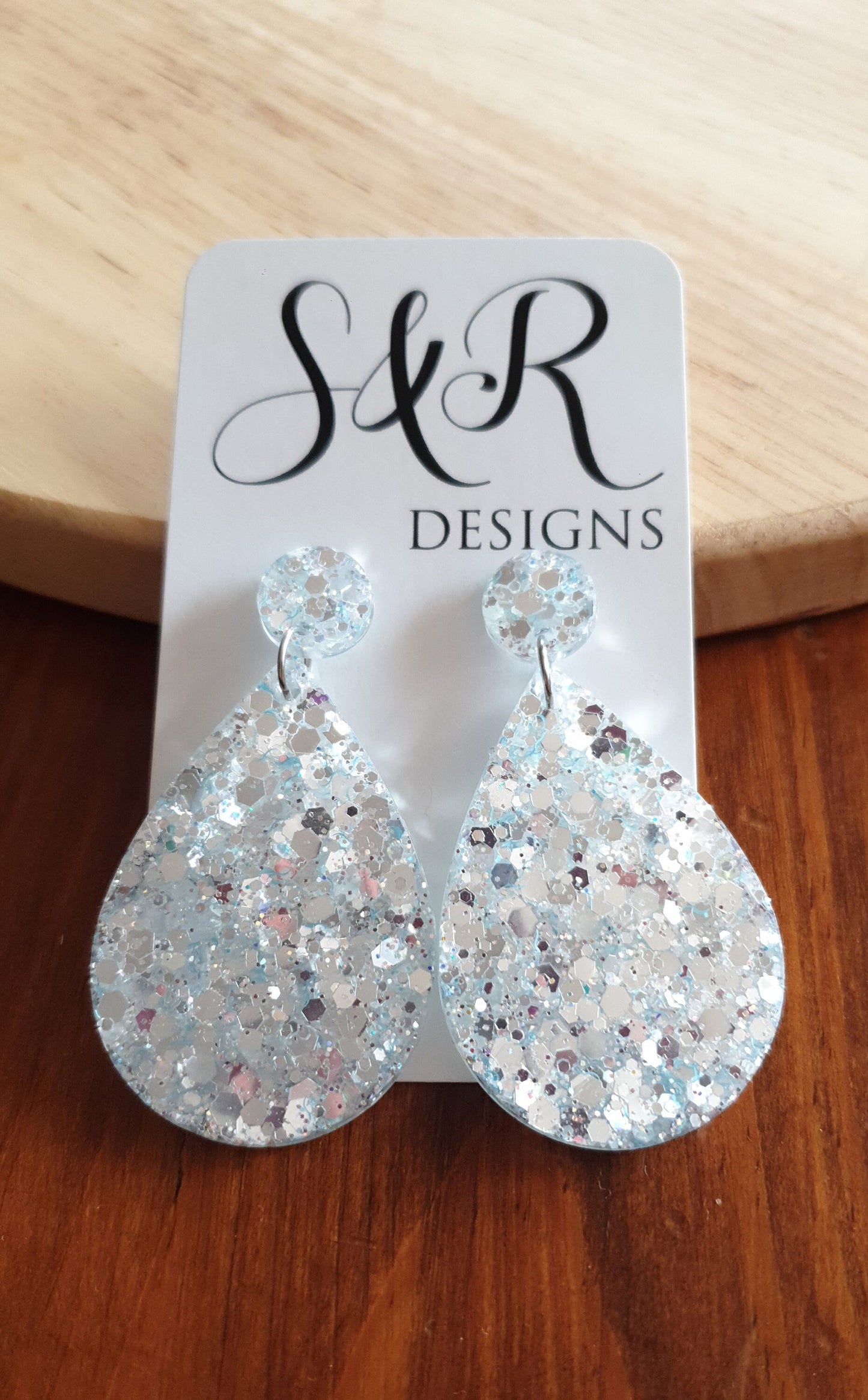 Teardrops Resin Long Salty Blue Earrings, Very Light Blue with Holographic Silver Glitter Resin, Stainless Steel, Statement Earrings