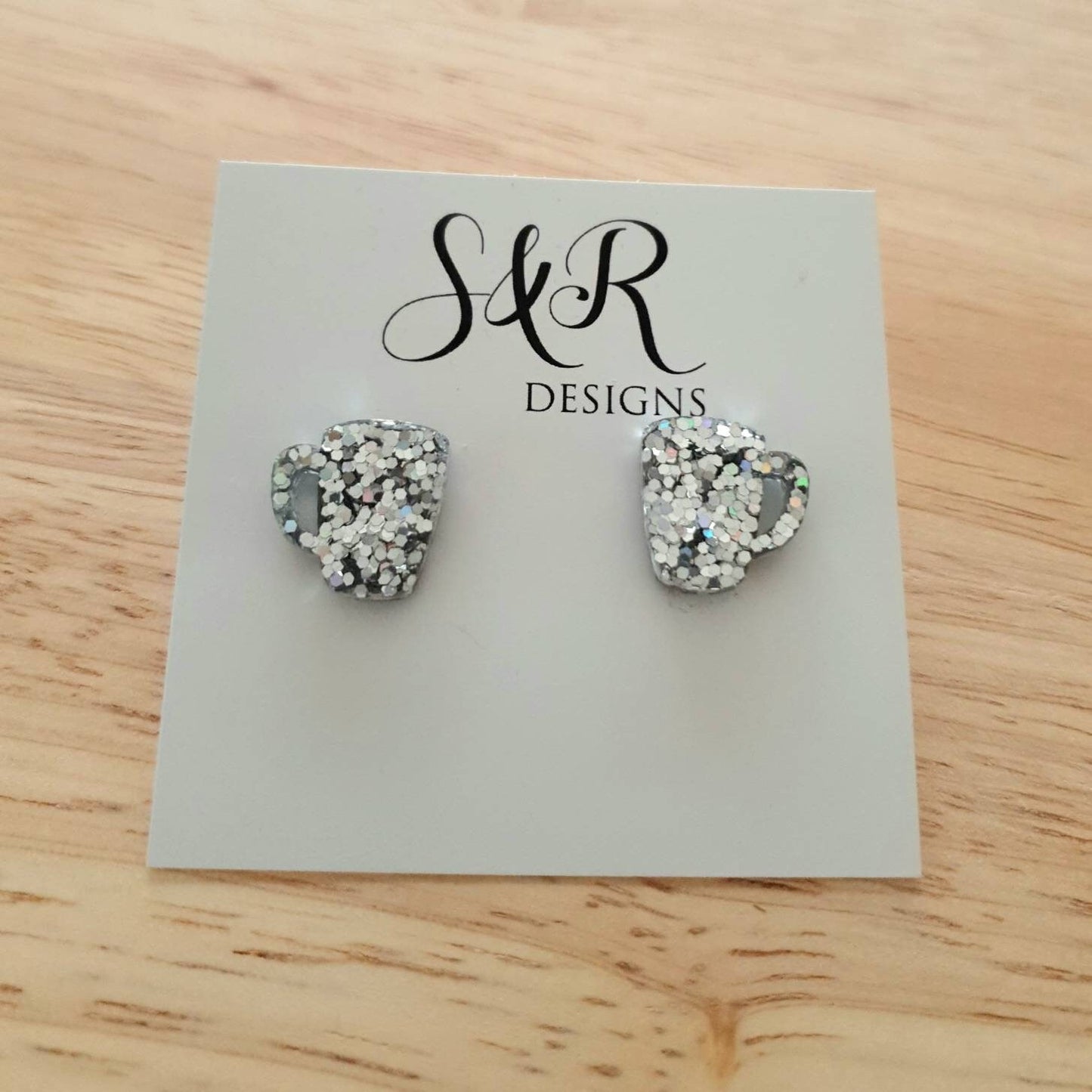 Coffee Mug Stud Earrings, Silver Holographic Glitter Coffee Cup Earrings, Coffee Lovers, Stainless Steel Studs