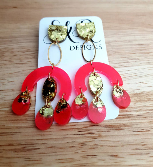 Large Oversized Neon Glitter Chandelier Dangle Earrings, Neon Hot Pink and Gold Glitter Dangles, Statement Long Earrings