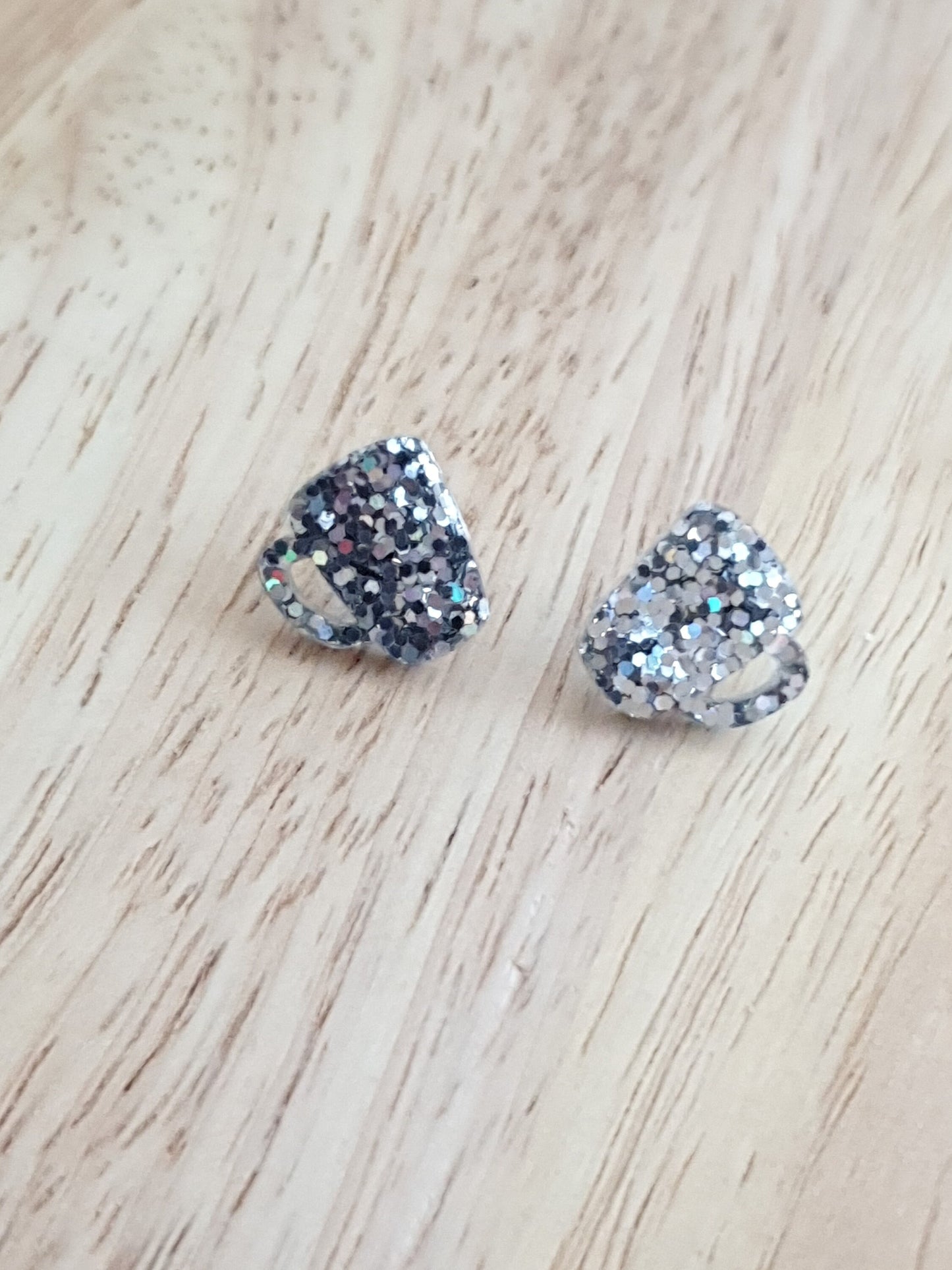 Coffee Mug Stud Earrings, Silver Holographic Glitter Coffee Cup Earrings, Coffee Lovers, Stainless Steel Studs