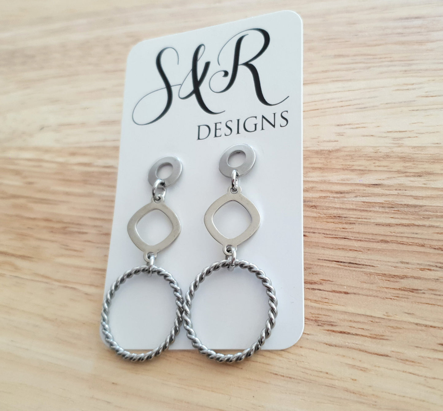 Silver Circles Long Earrings, Stainless Steel Dangle Earrings with Twisted Circle Design