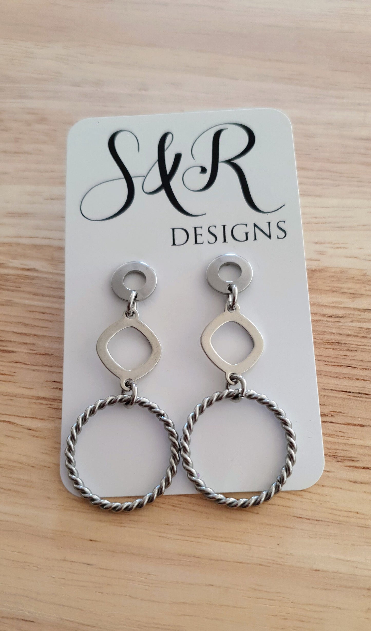 Silver Circles Long Earrings, Stainless Steel Dangle Earrings with Twisted Circle Design