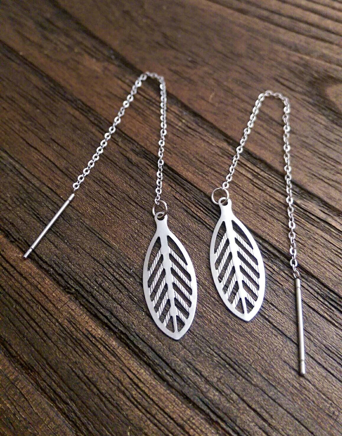 Leaf Filigree Stainless Steel Dangle Thread Earrings, Threader Earrings.