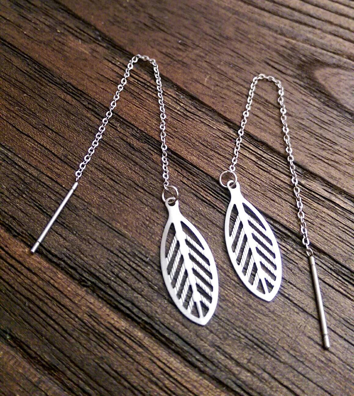 Leaf Filigree Stainless Steel Dangle Thread Earrings, Threader Earrings.