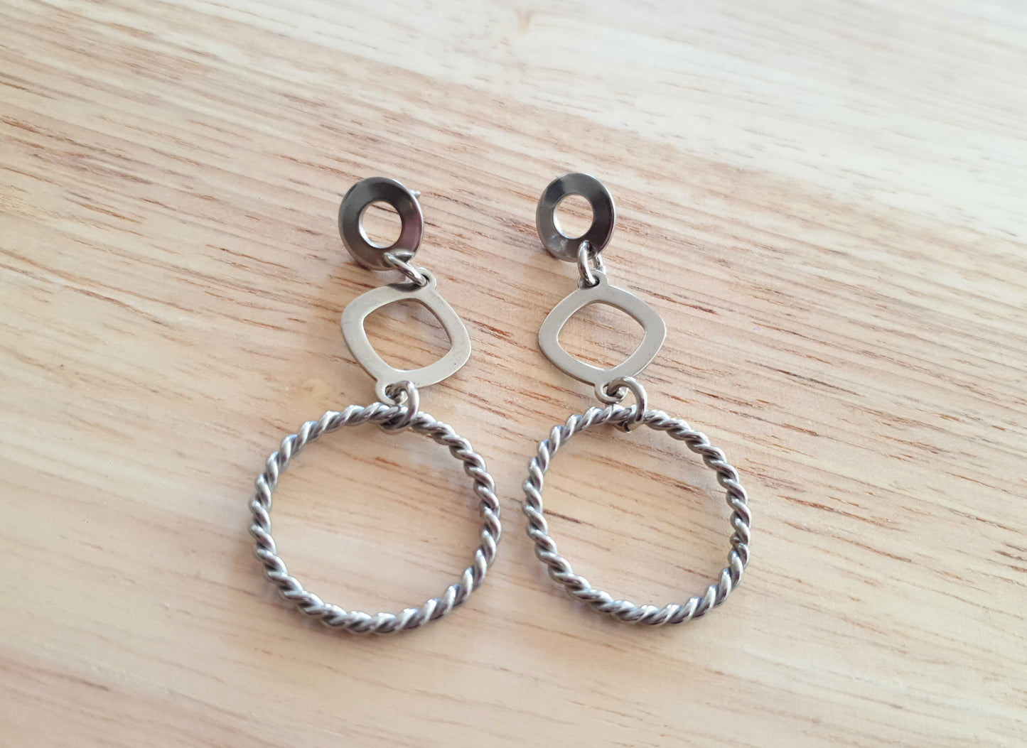 Silver Circles Long Earrings, Stainless Steel Dangle Earrings with Twisted Circle Design