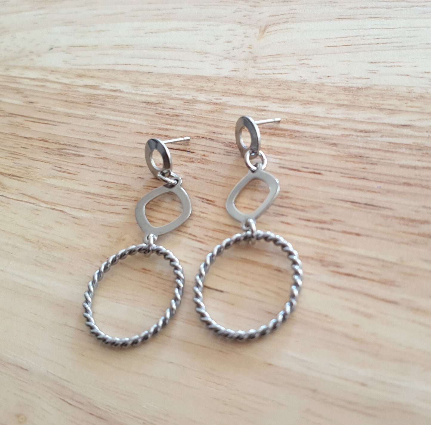 Silver Circles Long Earrings, Stainless Steel Dangle Earrings with Twisted Circle Design
