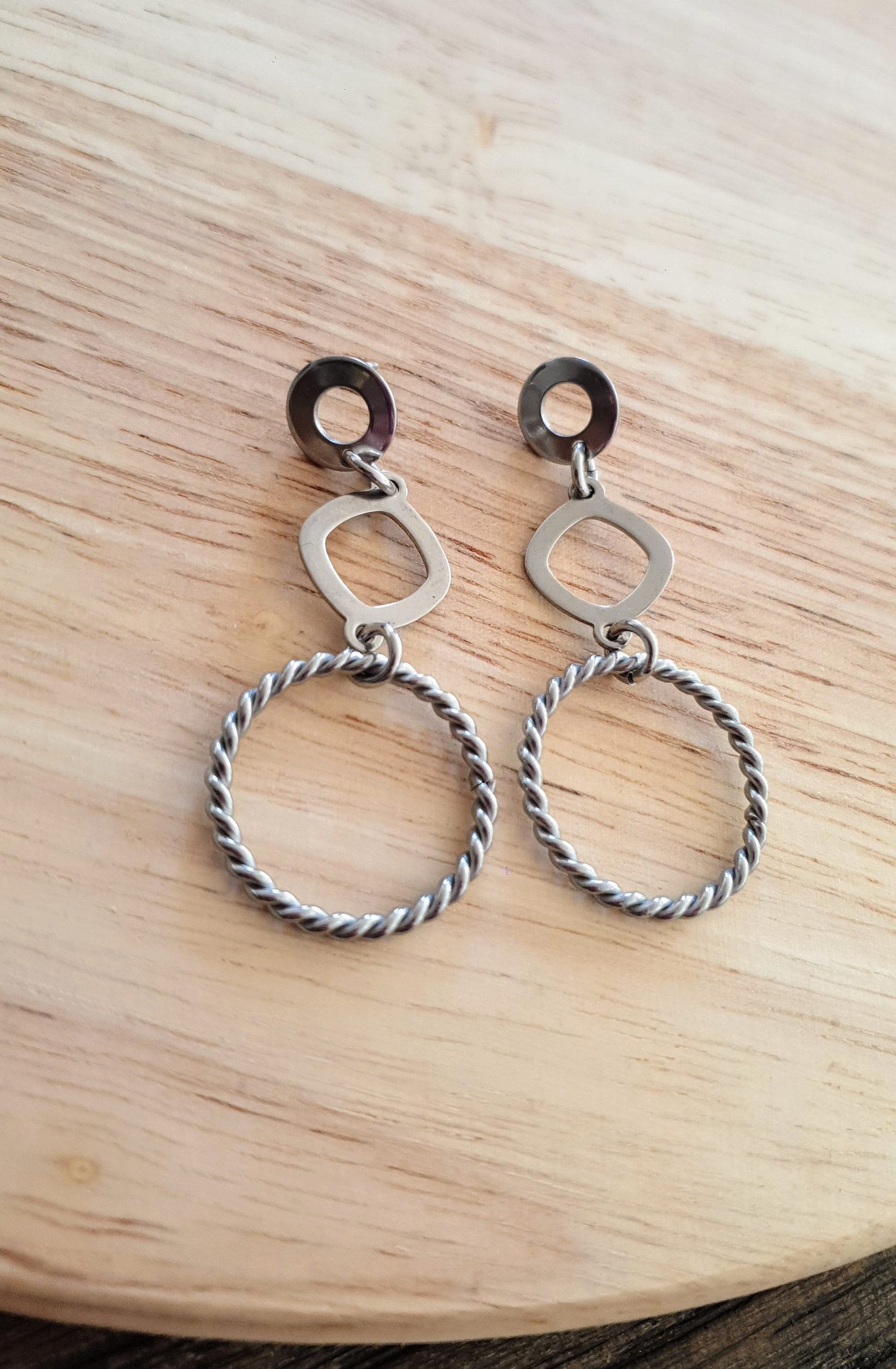 Silver Circles Long Earrings, Stainless Steel Dangle Earrings with Twisted Circle Design