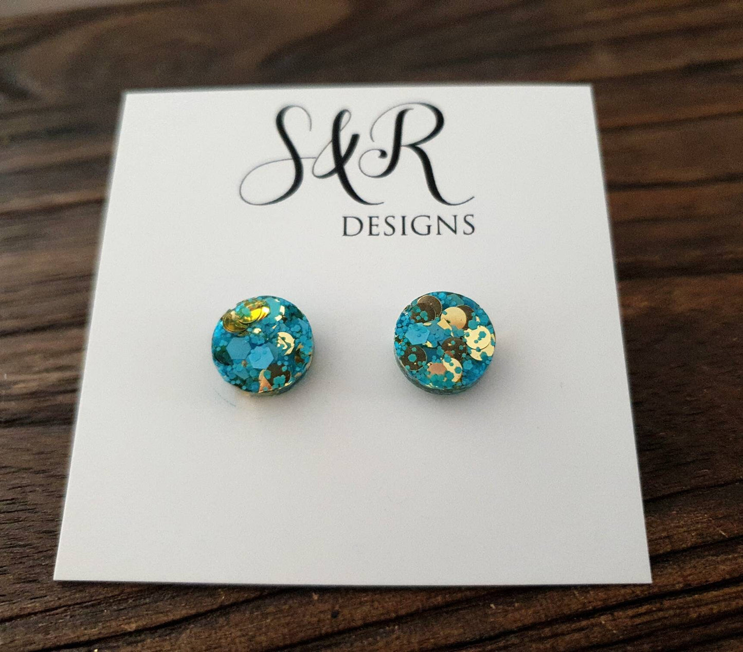 Blue Gold Circle Dot Resin Stud Earrings, Blue and Gold Mix Glitter Earrings. Stainless Steel Stud Earrings. 12mm, 10mm or 8mm
