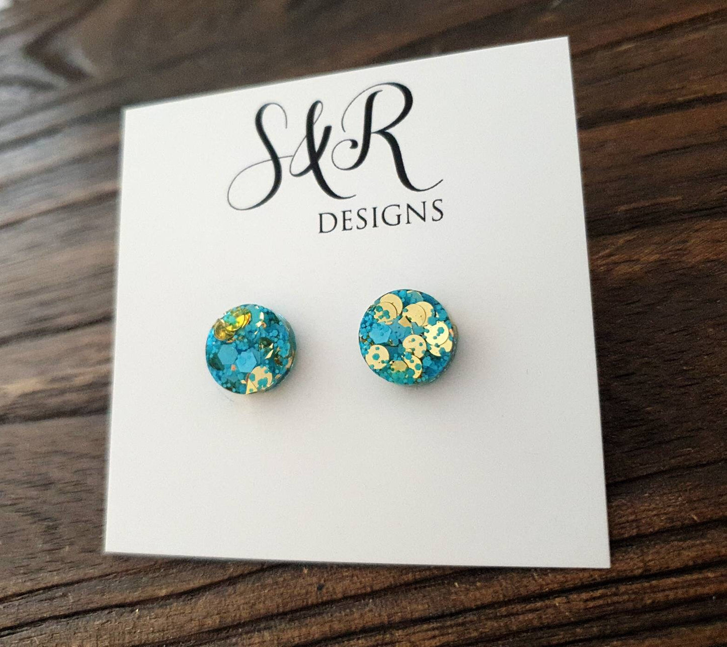 Blue Gold Circle Dot Resin Stud Earrings, Blue and Gold Mix Glitter Earrings. Stainless Steel Stud Earrings. 12mm, 10mm or 8mm
