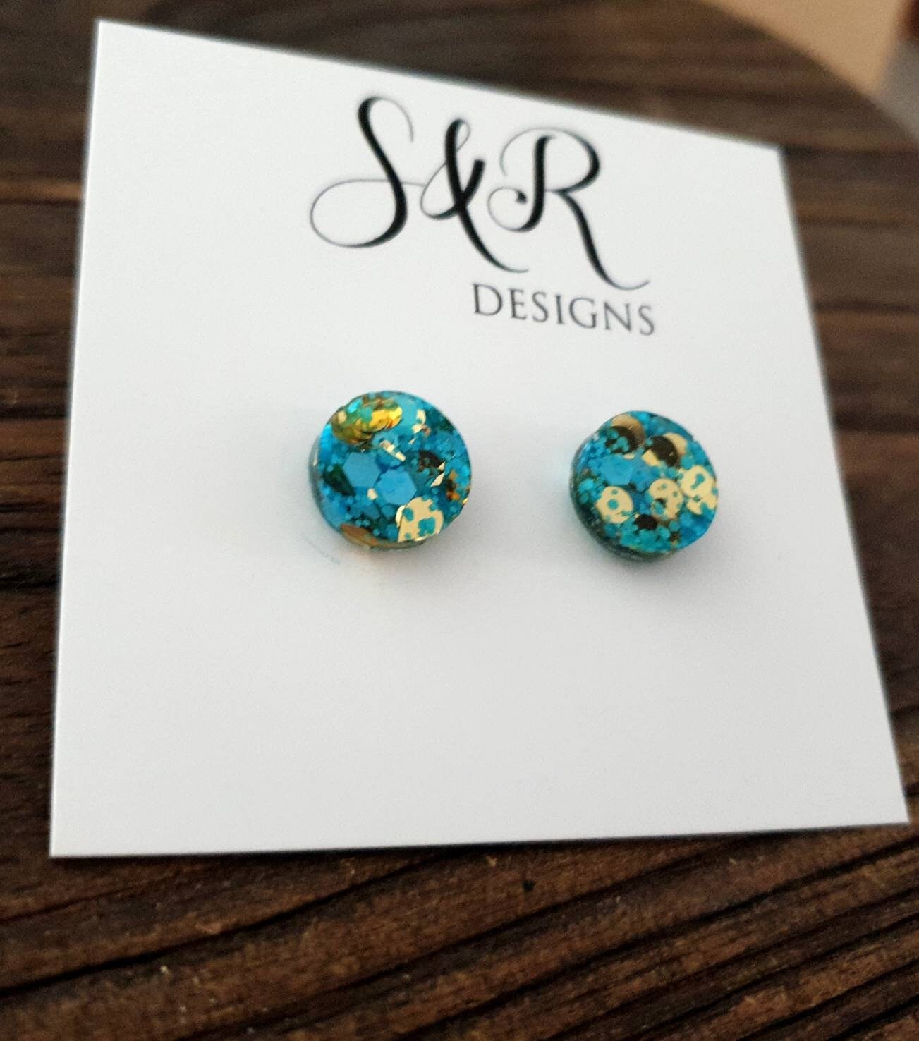 Blue Gold Circle Dot Resin Stud Earrings, Blue and Gold Mix Glitter Earrings. Stainless Steel Stud Earrings. 12mm, 10mm or 8mm