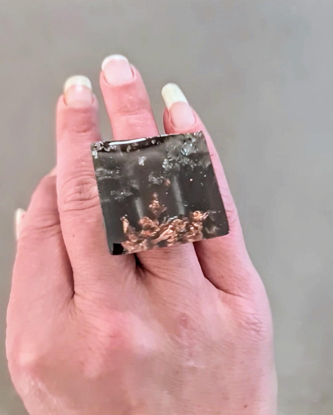 Square Resin Ring, Silver and Rosegold Leaf Smoky Grey Resin Ring, Handmade Size 7 US N AU