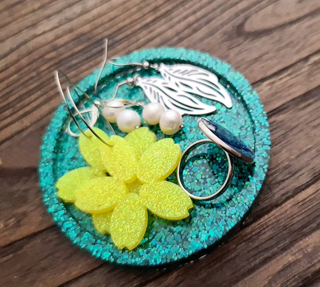 Resin Trinket Ring Dish, Coaster Silver Holographic Glitter Mix