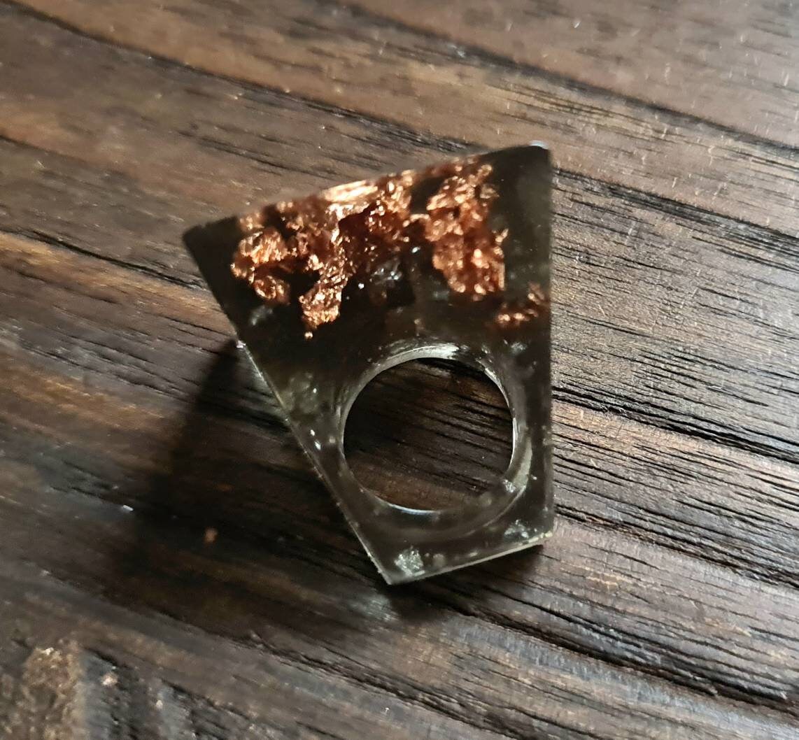 Square Resin Ring, Silver and Rosegold Leaf Smoky Grey Resin Ring, Handmade Size 7 US N AU