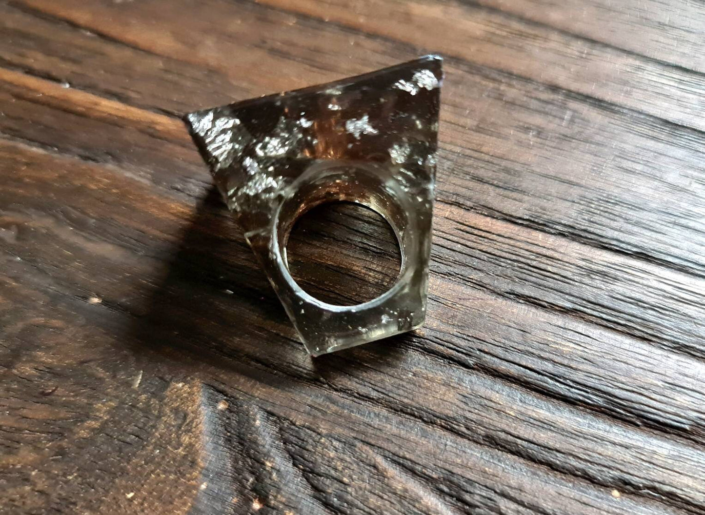 Square Resin Ring, Silver and Rosegold Leaf Smoky Grey Resin Ring, Handmade Size 7 US N AU