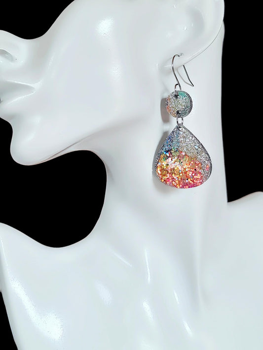 Silver and Rosegold Chameleon Teardrop Earwire Earrings, Glitter Changing to Rainbow Effects, Geometric Dangles, Statement Earrings