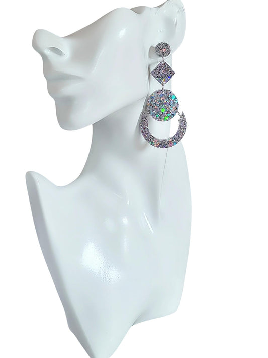 Glamorous Silver Holographic Oversized Long Earrings, Glitter Extra Super Long Circle Geometric Maximalist Dangles, Statement Earrings