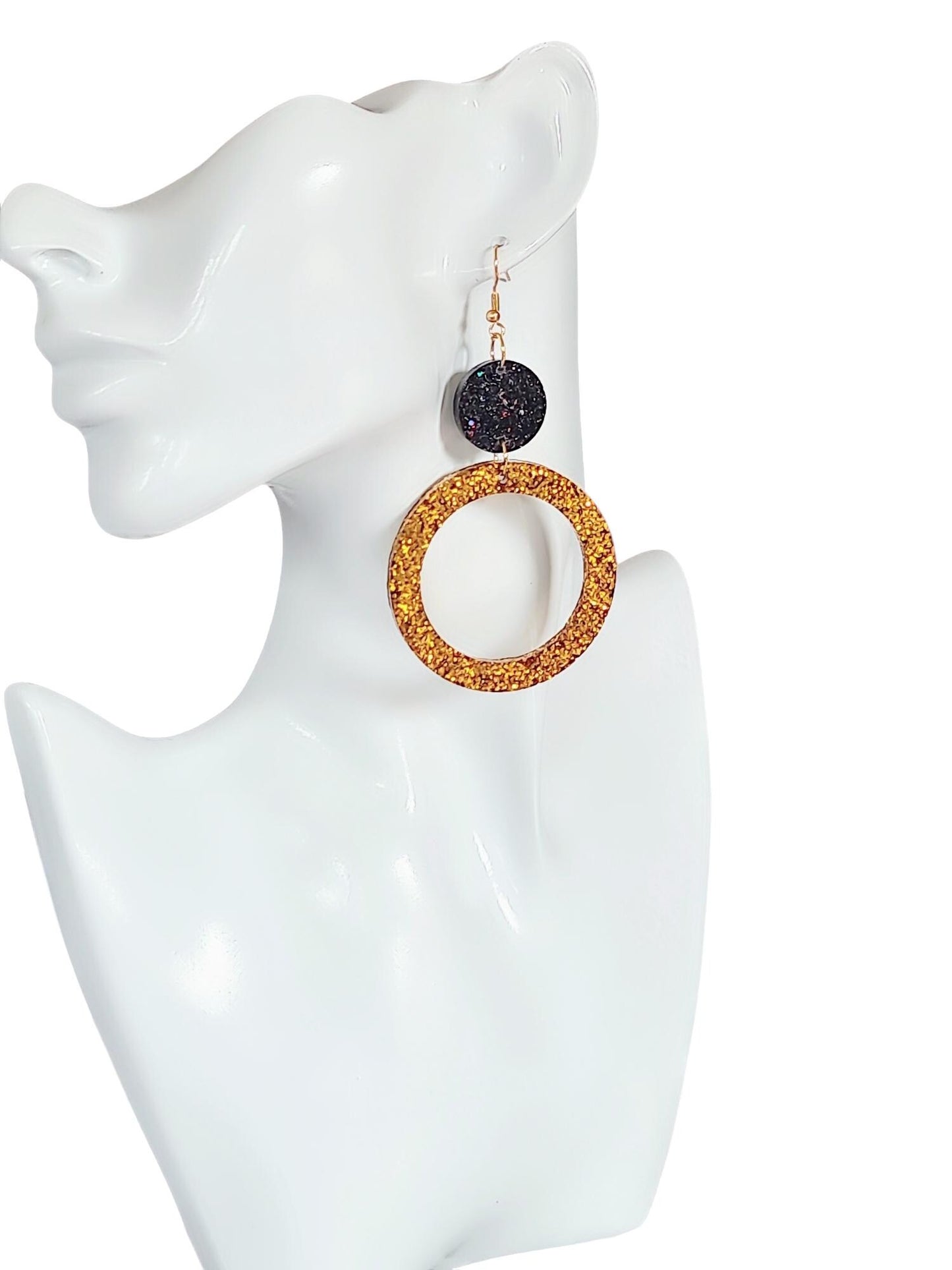 Gold Circle Dangle Earrings, Gold and Black Rainbow Holographic Glitter Resin Earrings, Stainless Steel Earrings, Statement Large Earrings