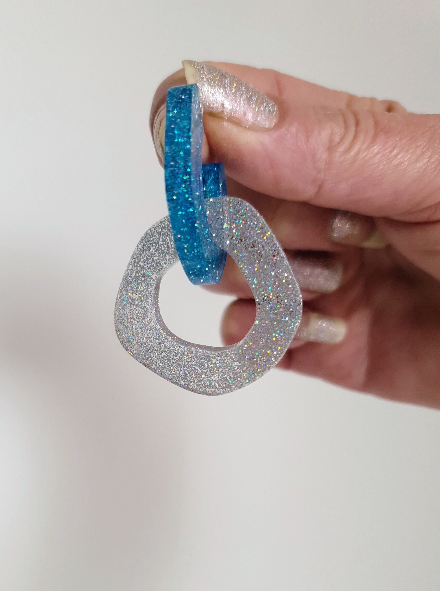 Blue Silver Holographic Hoop Link Dangle Drop Earrings, Glitter Resin Hoops with Stainless Steel. Unique Design Handmade Jewellery.