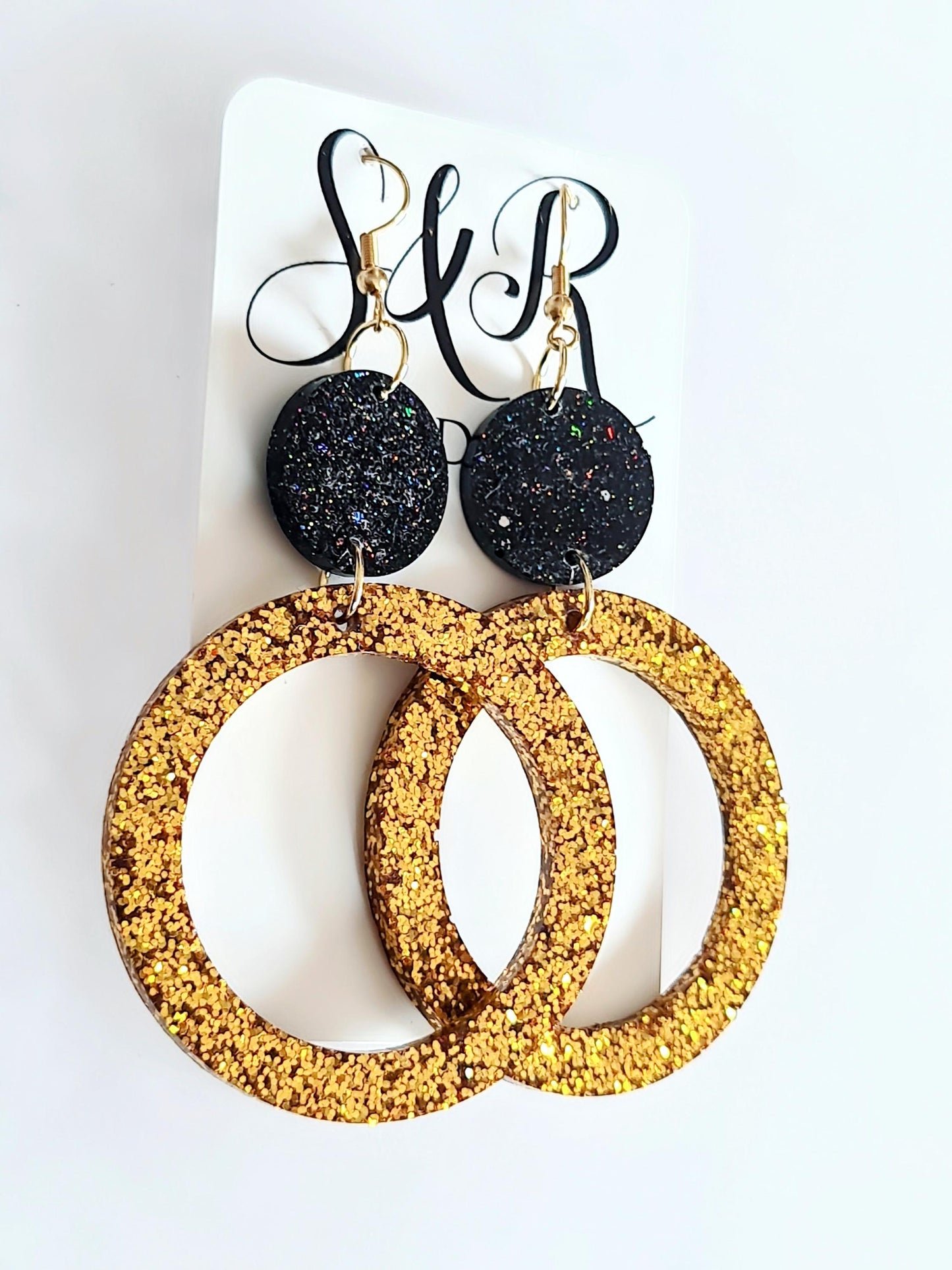 Gold Circle Dangle Earrings, Gold and Black Rainbow Holographic Glitter Resin Earrings, Stainless Steel Earrings, Statement Large Earrings