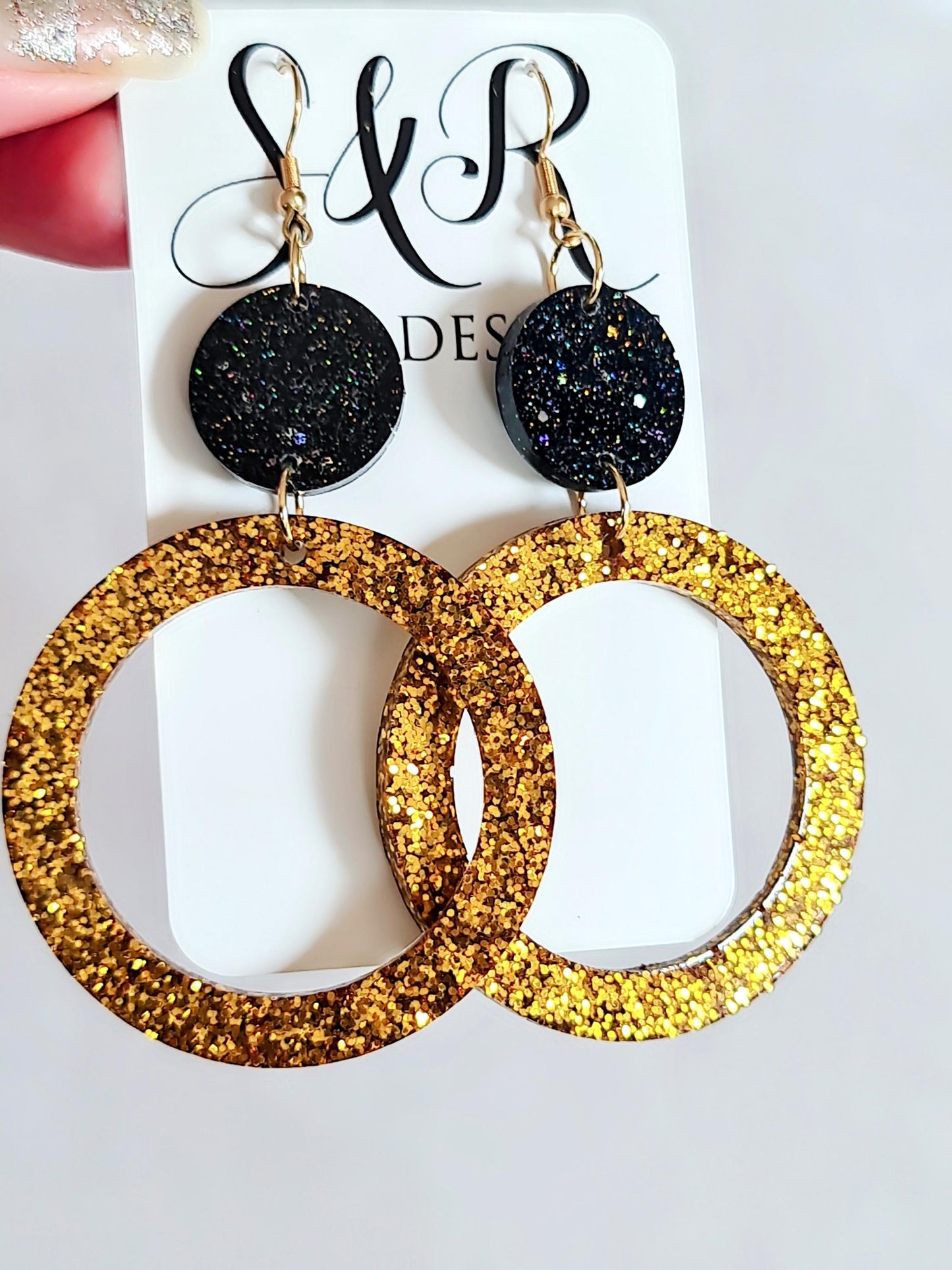 Gold Circle Dangle Earrings, Gold and Black Rainbow Holographic Glitter Resin Earrings, Stainless Steel Earrings, Statement Large Earrings