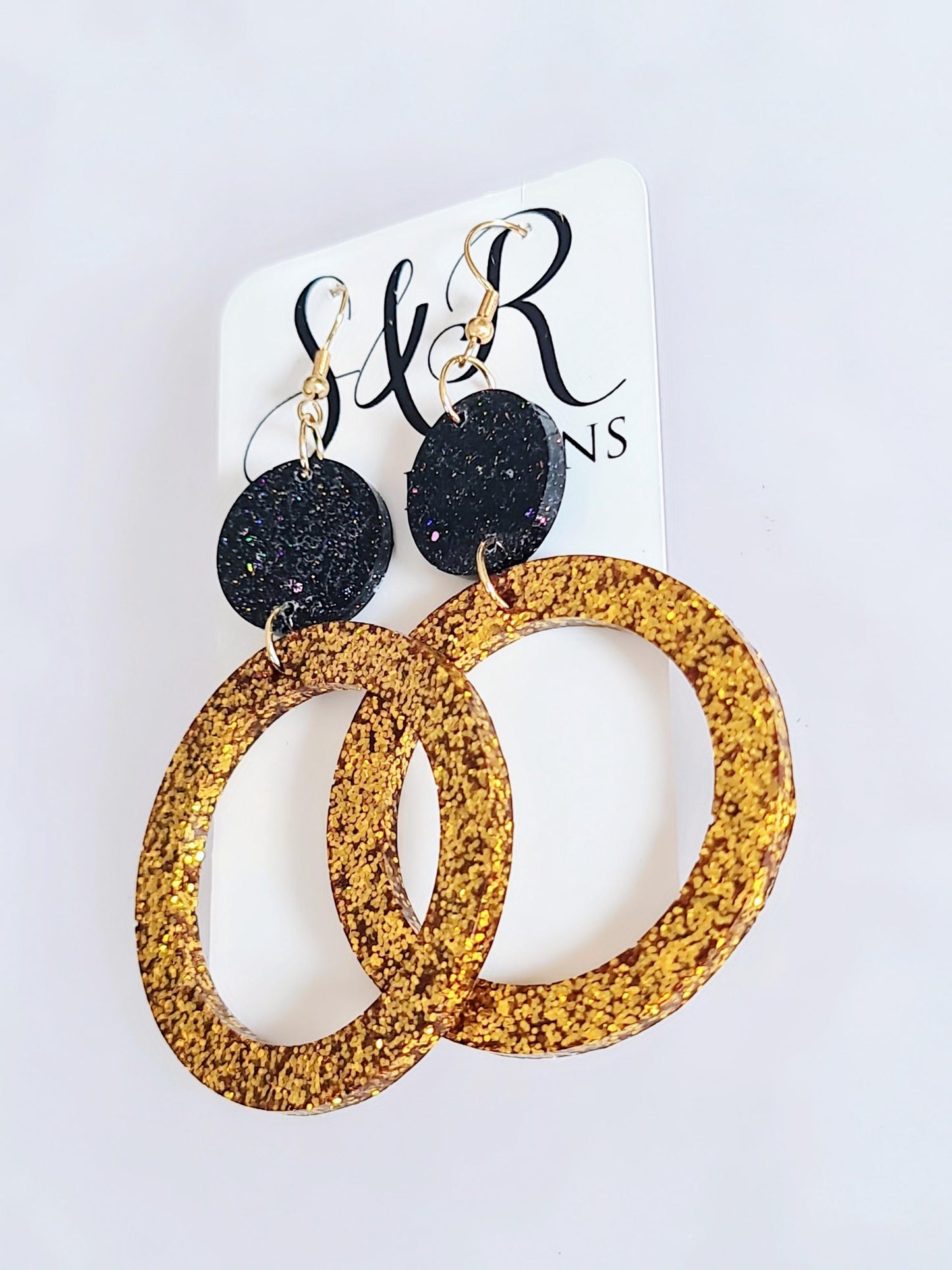 Gold Circle Dangle Earrings, Gold and Black Rainbow Holographic Glitter Resin Earrings, Stainless Steel Earrings, Statement Large Earrings