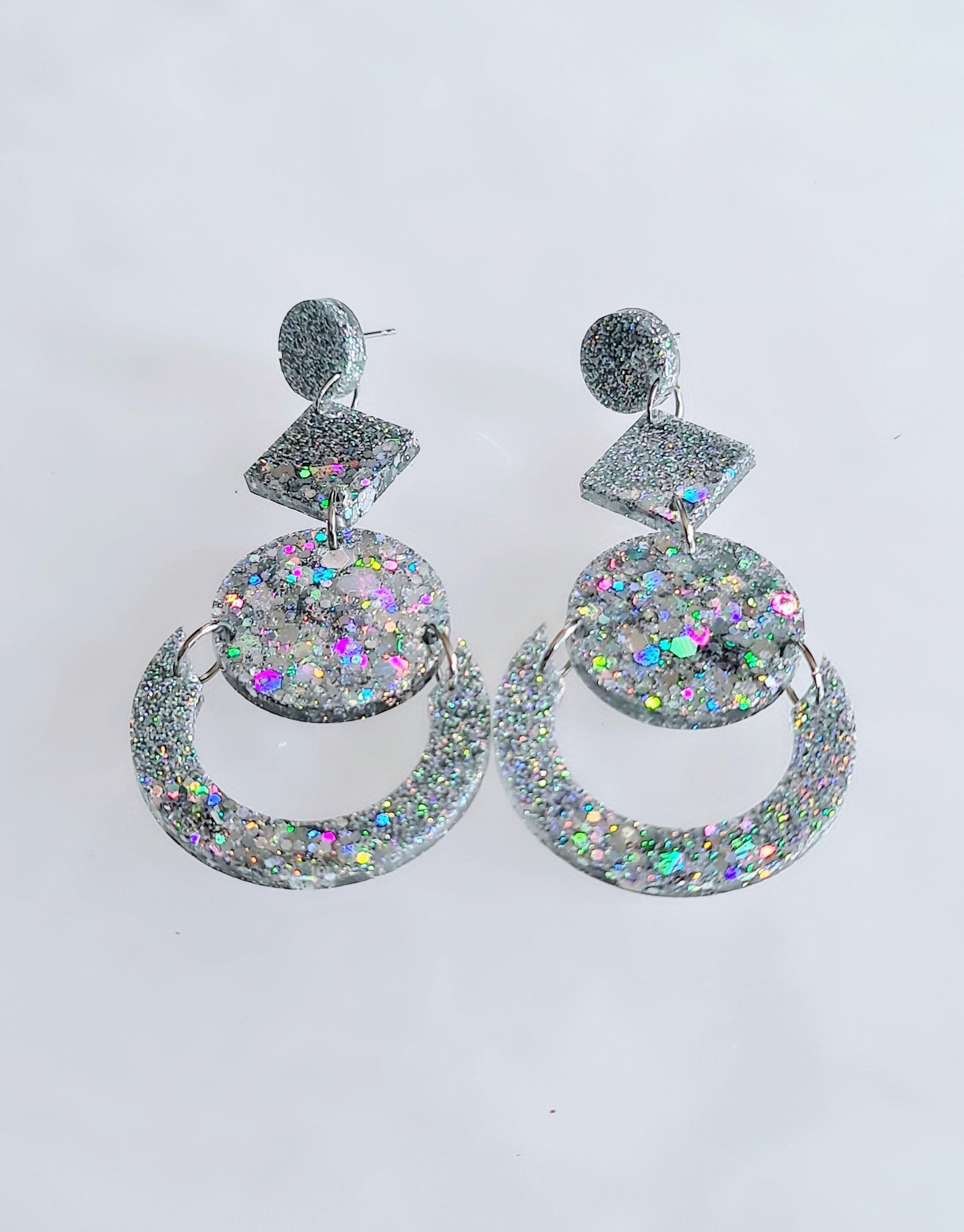 Glamorous Silver Holographic Oversized Long Earrings, Glitter Extra Super Long Circle Geometric Maximalist Dangles, Statement Earrings