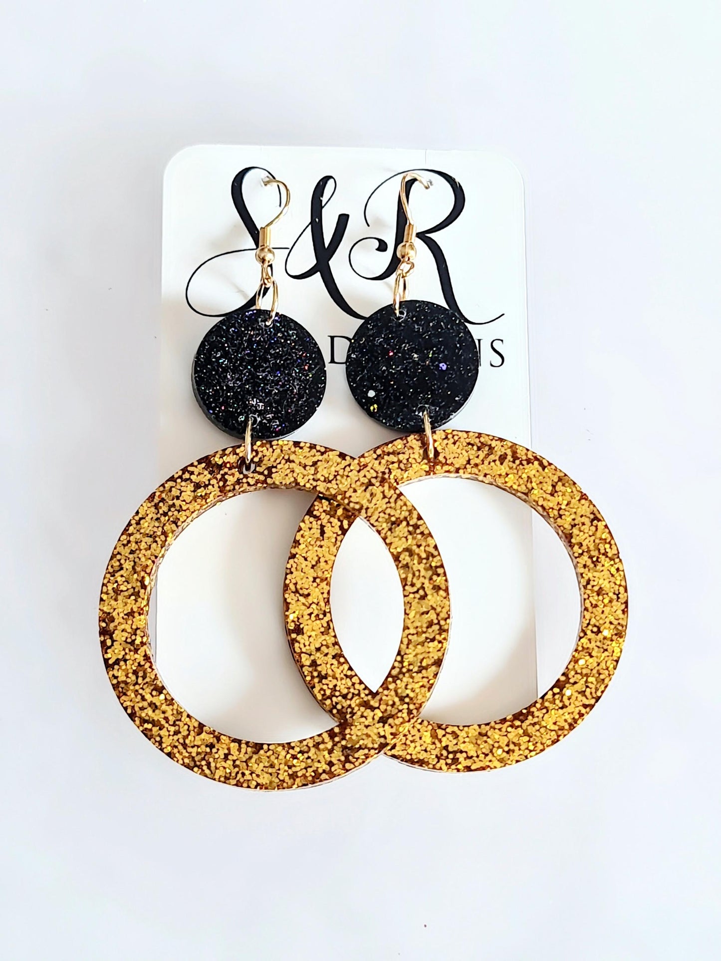 Gold Circle Dangle Earrings, Gold and Black Rainbow Holographic Glitter Resin Earrings, Stainless Steel Earrings, Statement Large Earrings