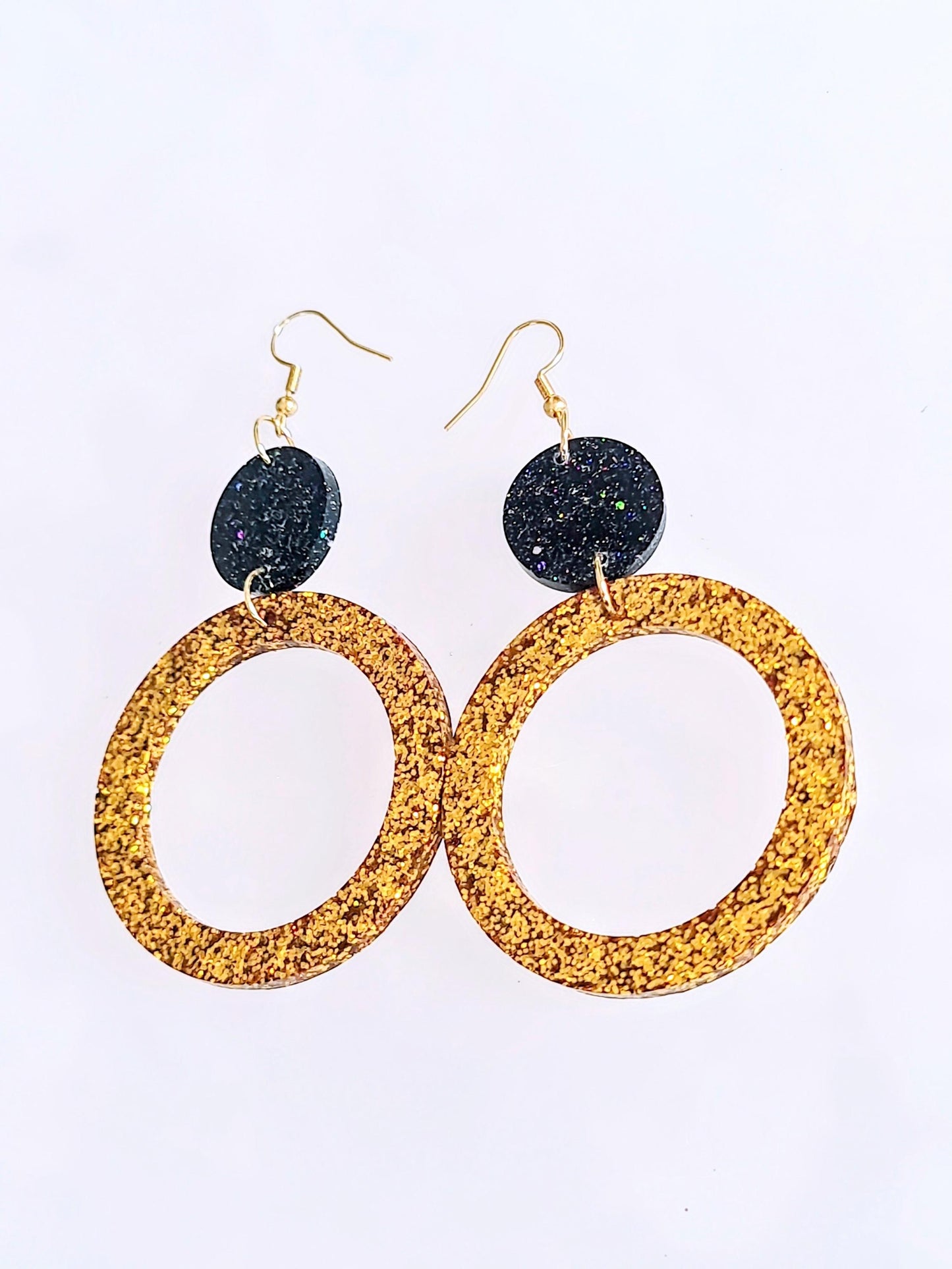 Gold Circle Dangle Earrings, Gold and Black Rainbow Holographic Glitter Resin Earrings, Stainless Steel Earrings, Statement Large Earrings