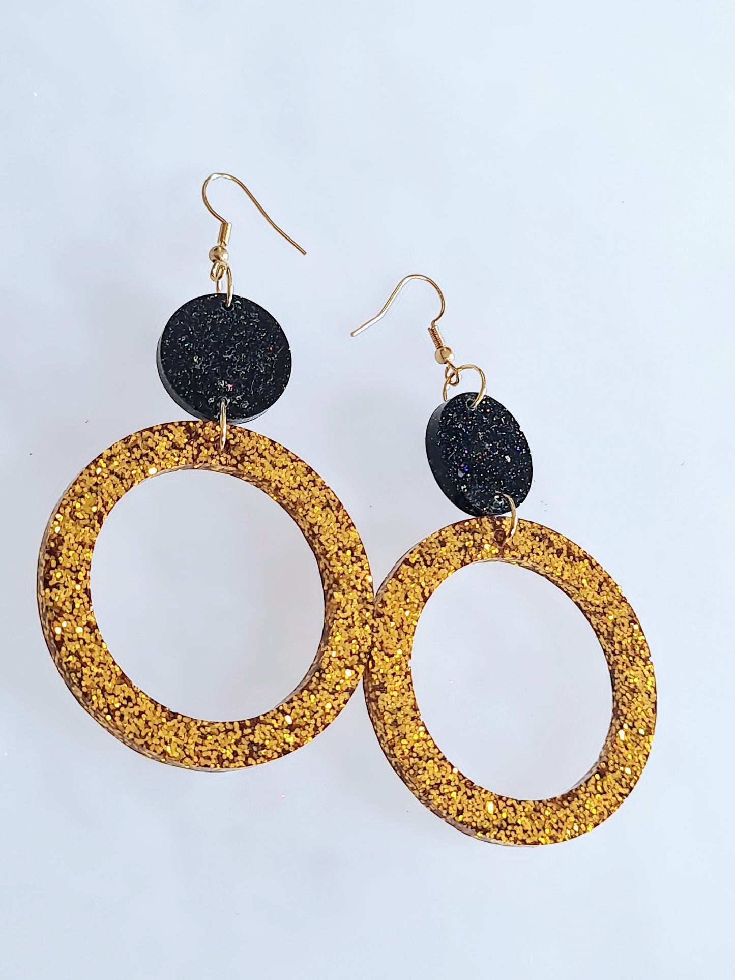 Gold Circle Dangle Earrings, Gold and Black Rainbow Holographic Glitter Resin Earrings, Stainless Steel Earrings, Statement Large Earrings