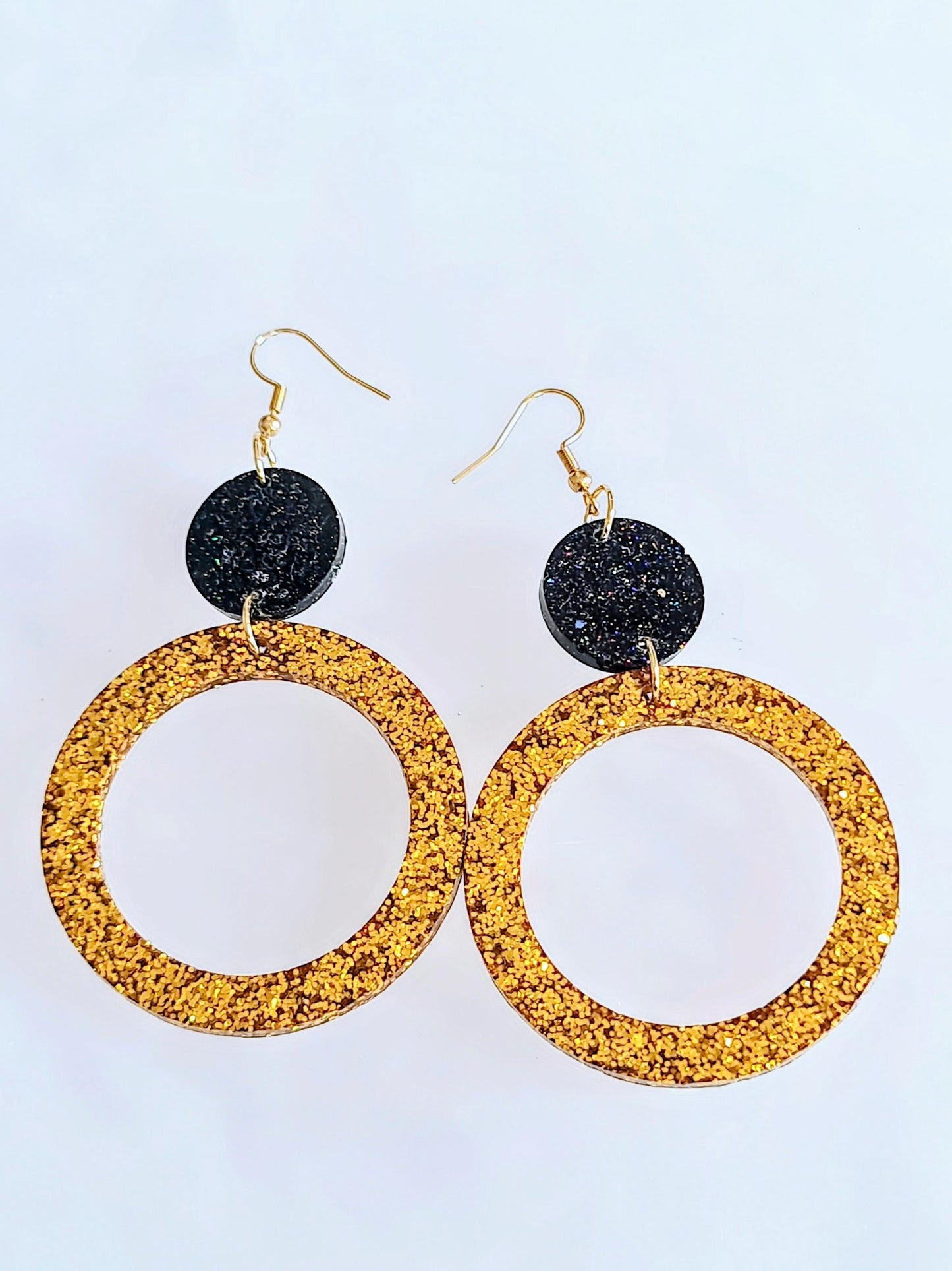 Gold Circle Dangle Earrings, Gold and Black Rainbow Holographic Glitter Resin Earrings, Stainless Steel Earrings, Statement Large Earrings