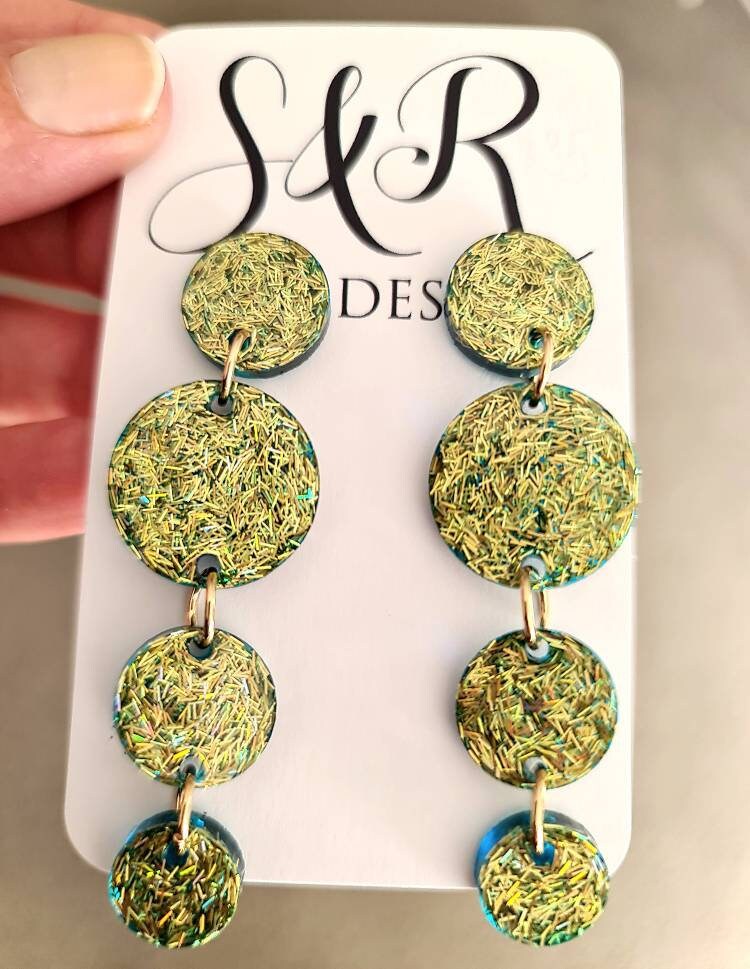 Long Circle Dangle Earrings, Statement Earrings, Gold Green Glitter Dangle Stud Earrings