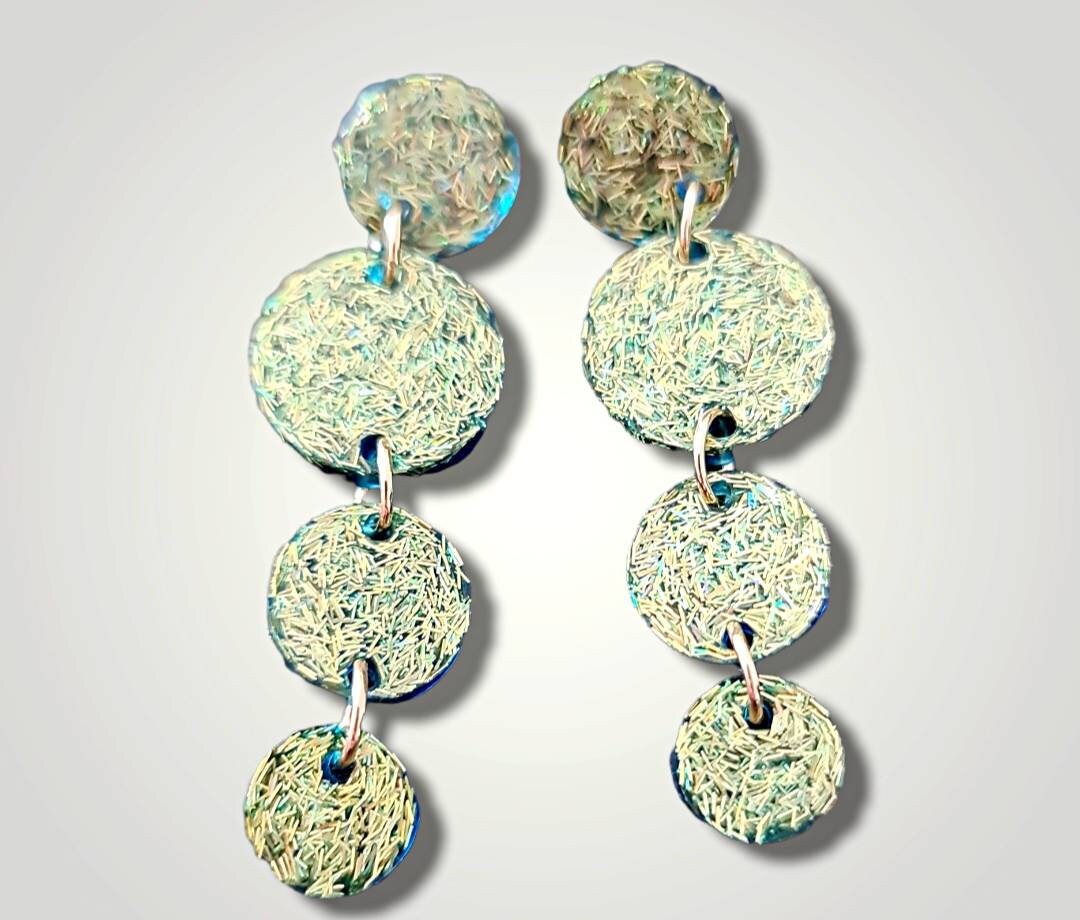 Long Circle Dangle Earrings, Statement Earrings, Gold Green Glitter Dangle Stud Earrings