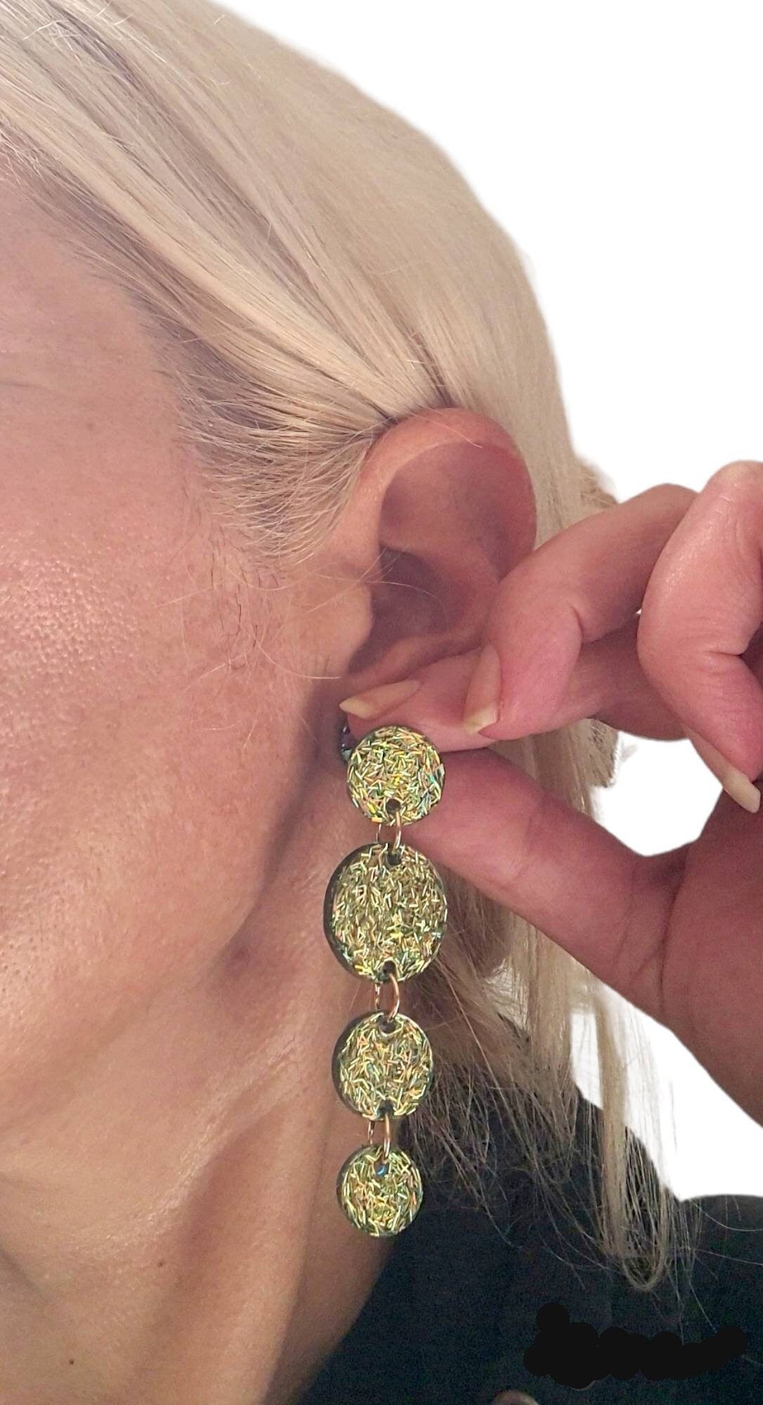 Long Circle Dangle Earrings, Statement Earrings, Gold Green Glitter Dangle Stud Earrings
