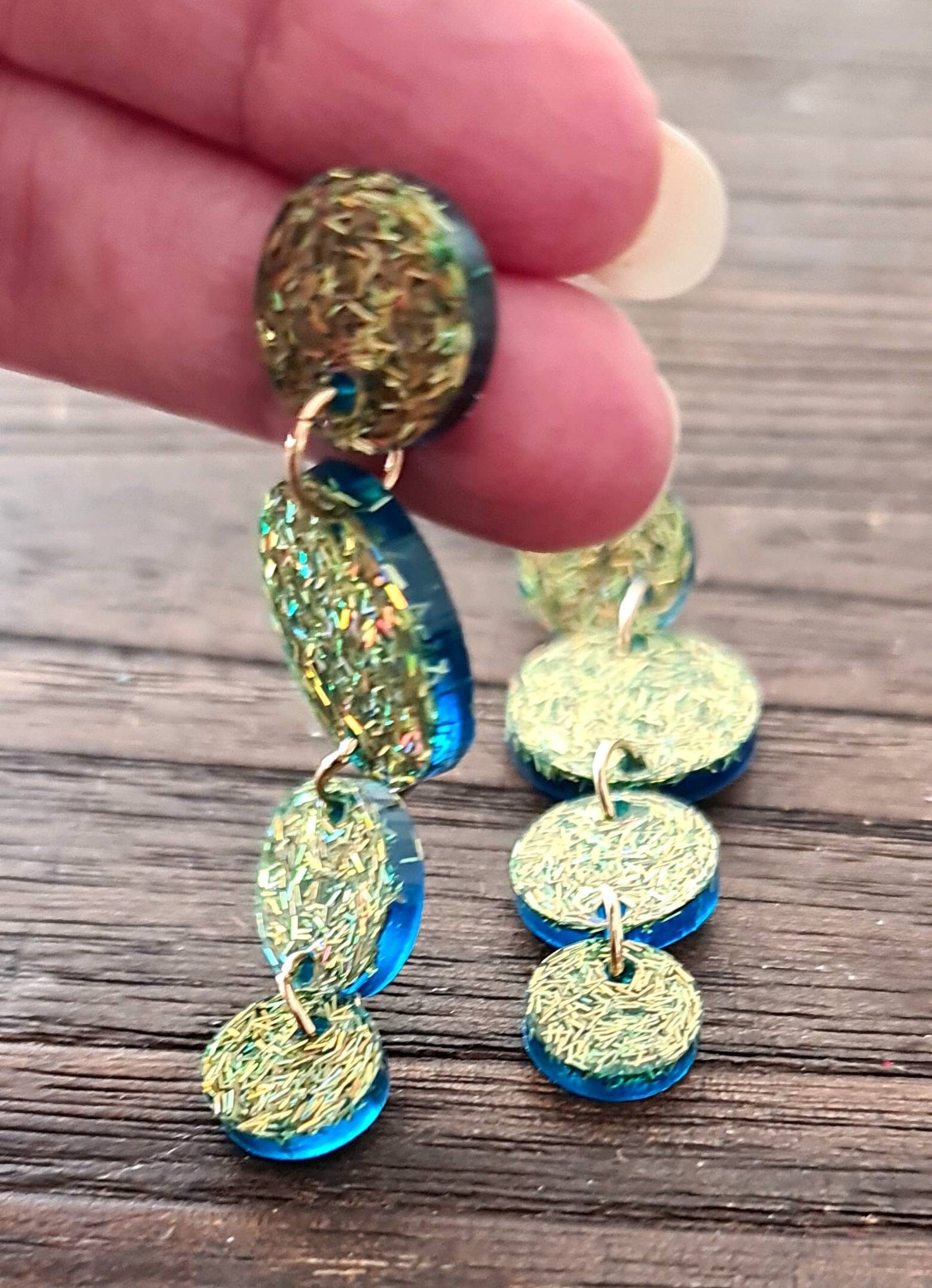 Long Circle Dangle Earrings, Statement Earrings, Gold Green Glitter Dangle Stud Earrings