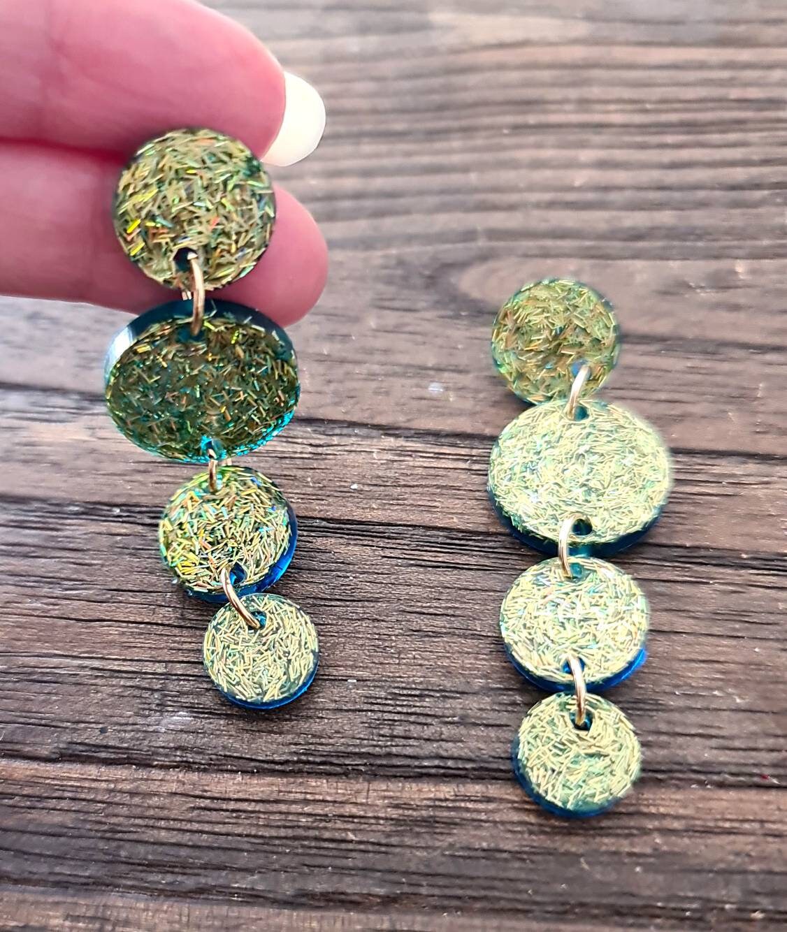 Long Circle Dangle Earrings, Statement Earrings, Gold Green Glitter Dangle Stud Earrings