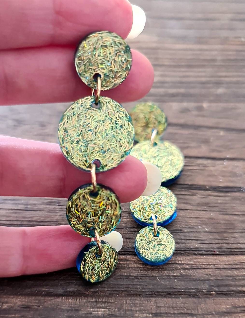 Long Circle Dangle Earrings, Statement Earrings, Gold Green Glitter Dangle Stud Earrings