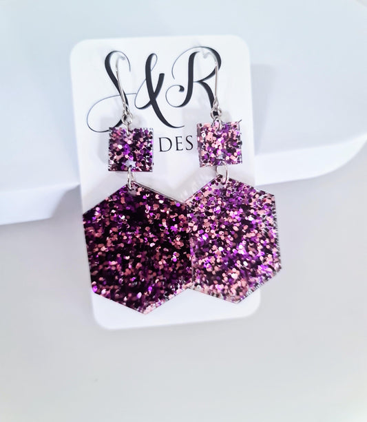 Purple Black Pink Mix Hexagon Square Dangle Drop Hook Earwire Earrings, Glitter Resin Handmade Dangles, Statement Hypoallergenic Earrings