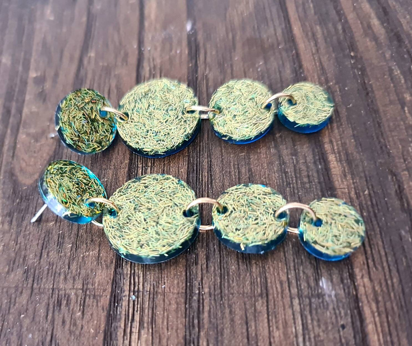 Long Circle Dangle Earrings, Statement Earrings, Gold Green Glitter Dangle Stud Earrings