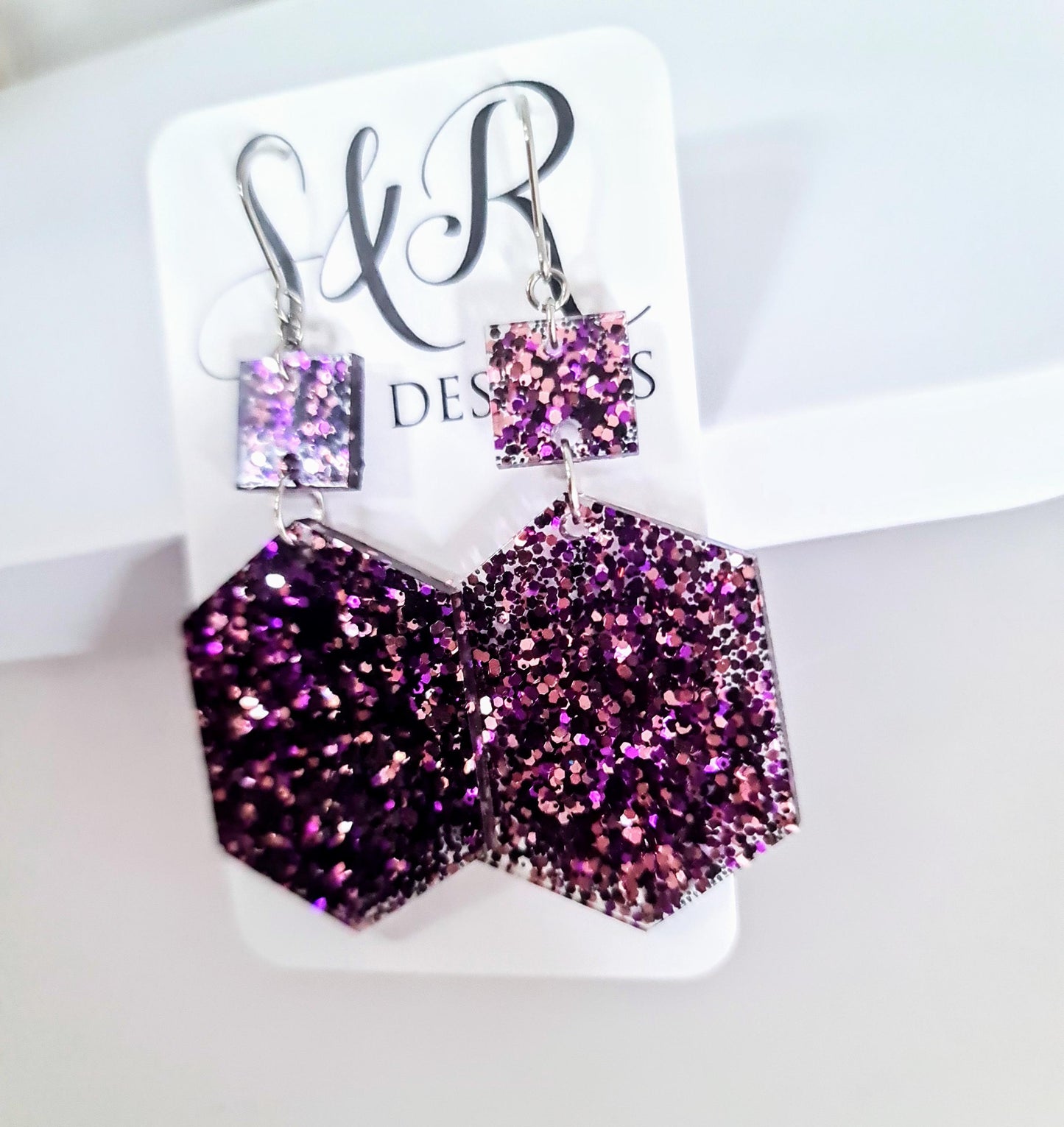 Purple Black Pink Mix Hexagon Square Dangle Drop Hook Earwire Earrings, Glitter Resin Handmade Dangles, Statement Hypoallergenic Earrings