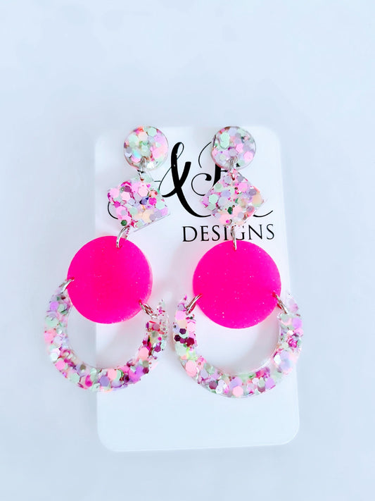 Multicoloured Pink Oversized Long Earrings, Glitter Extra Super Long Circle Geometric Maximalist Dangles, Statement Earrings