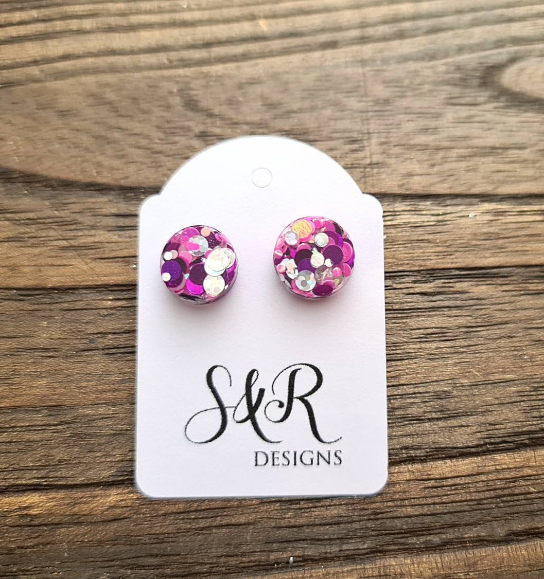Circle Dot Resin Stud Earrings, Purple Hot Pink Holographic Silver Glitter Earrings. Stainless Steel Stud Earrings. 15mm, 12mm, 10mm or 8mm
