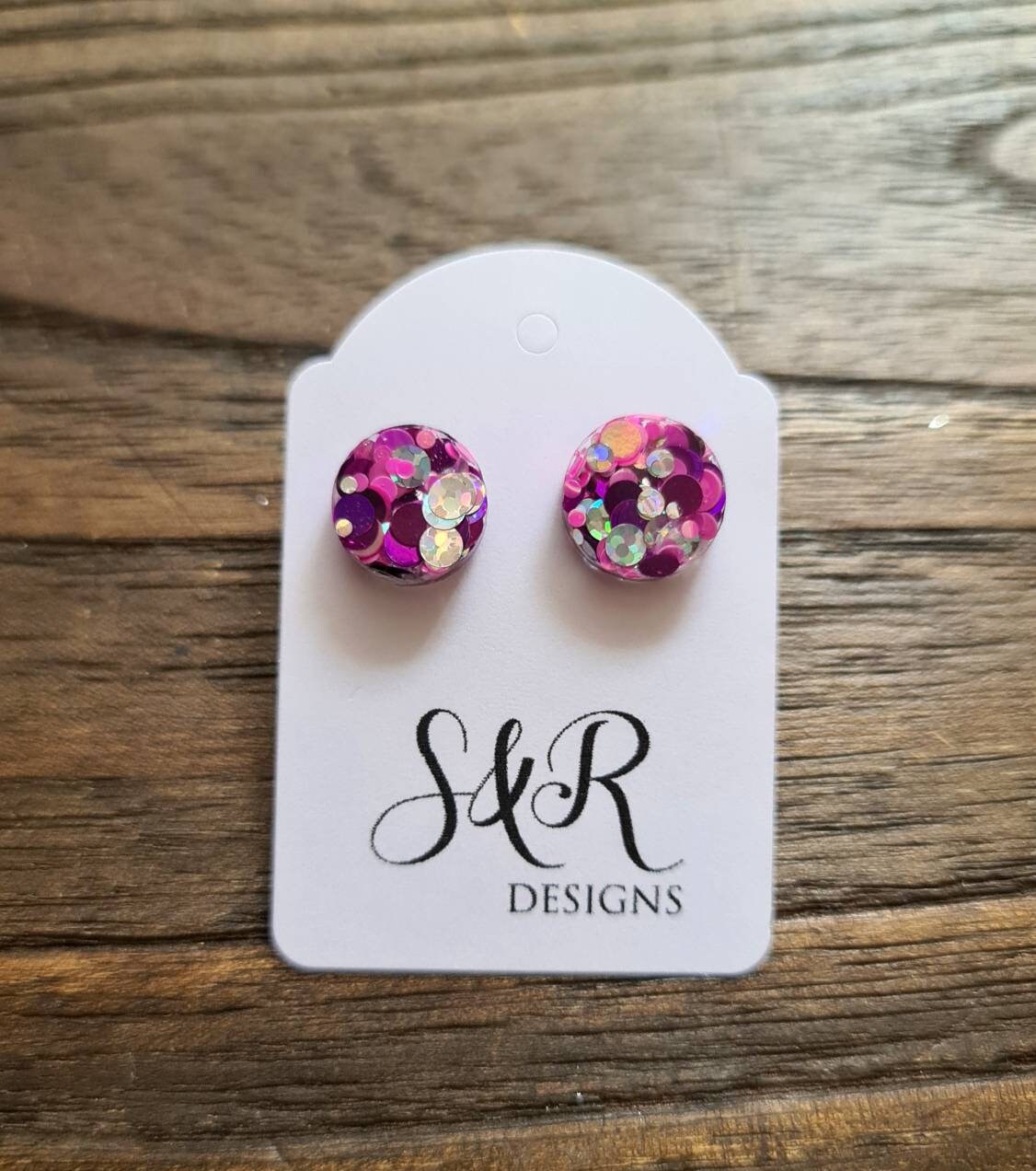 Circle Dot Resin Stud Earrings, Purple Hot Pink Holographic Silver Glitter Earrings. Stainless Steel Stud Earrings. 15mm, 12mm, 10mm or 8mm