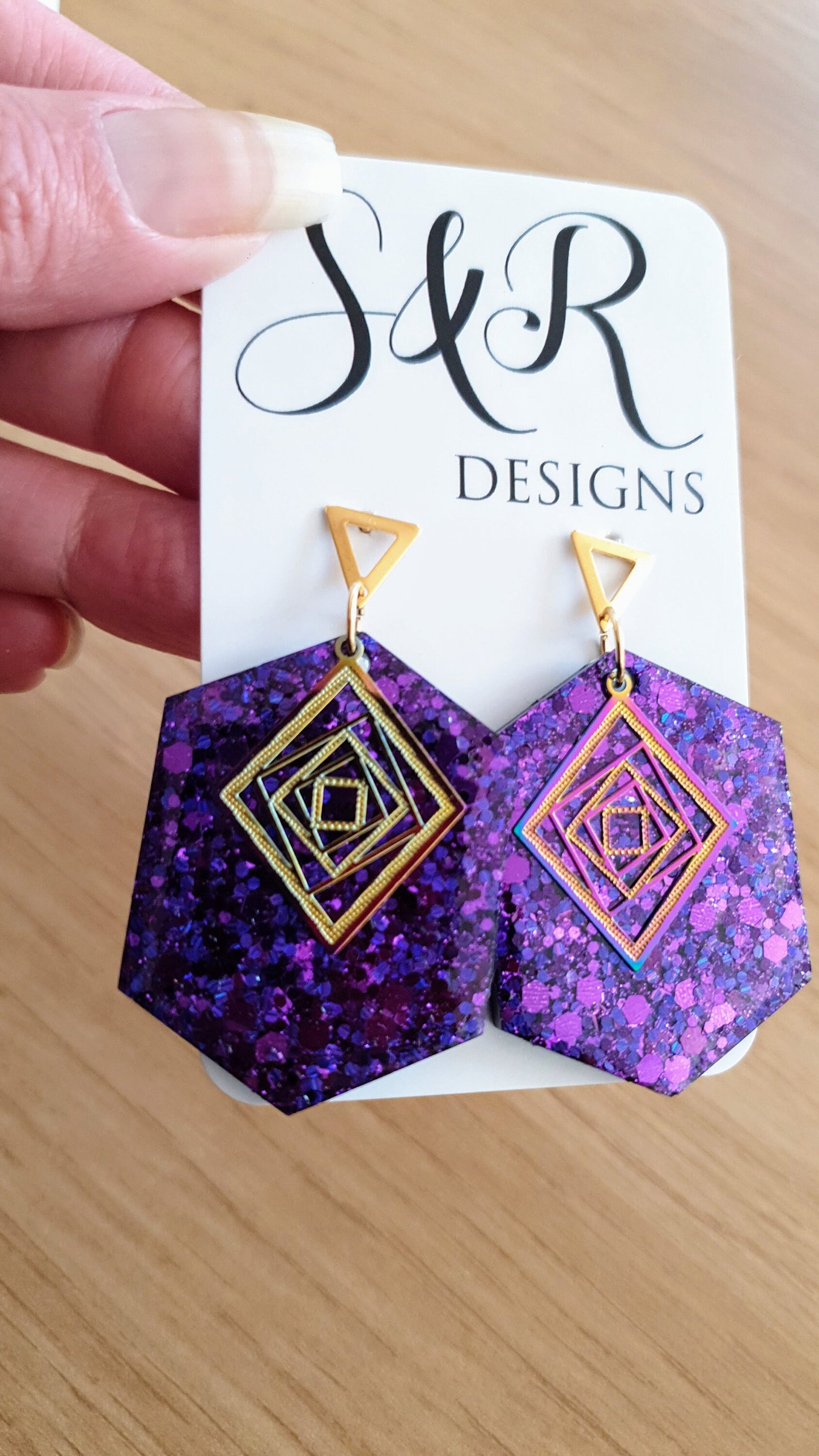 Purple Hexagon with Gold Triangle Dangle Drop Earrings, Resin Handmade with Gold Stainless Steel Stud Earrings, Statement Earrings, Gift