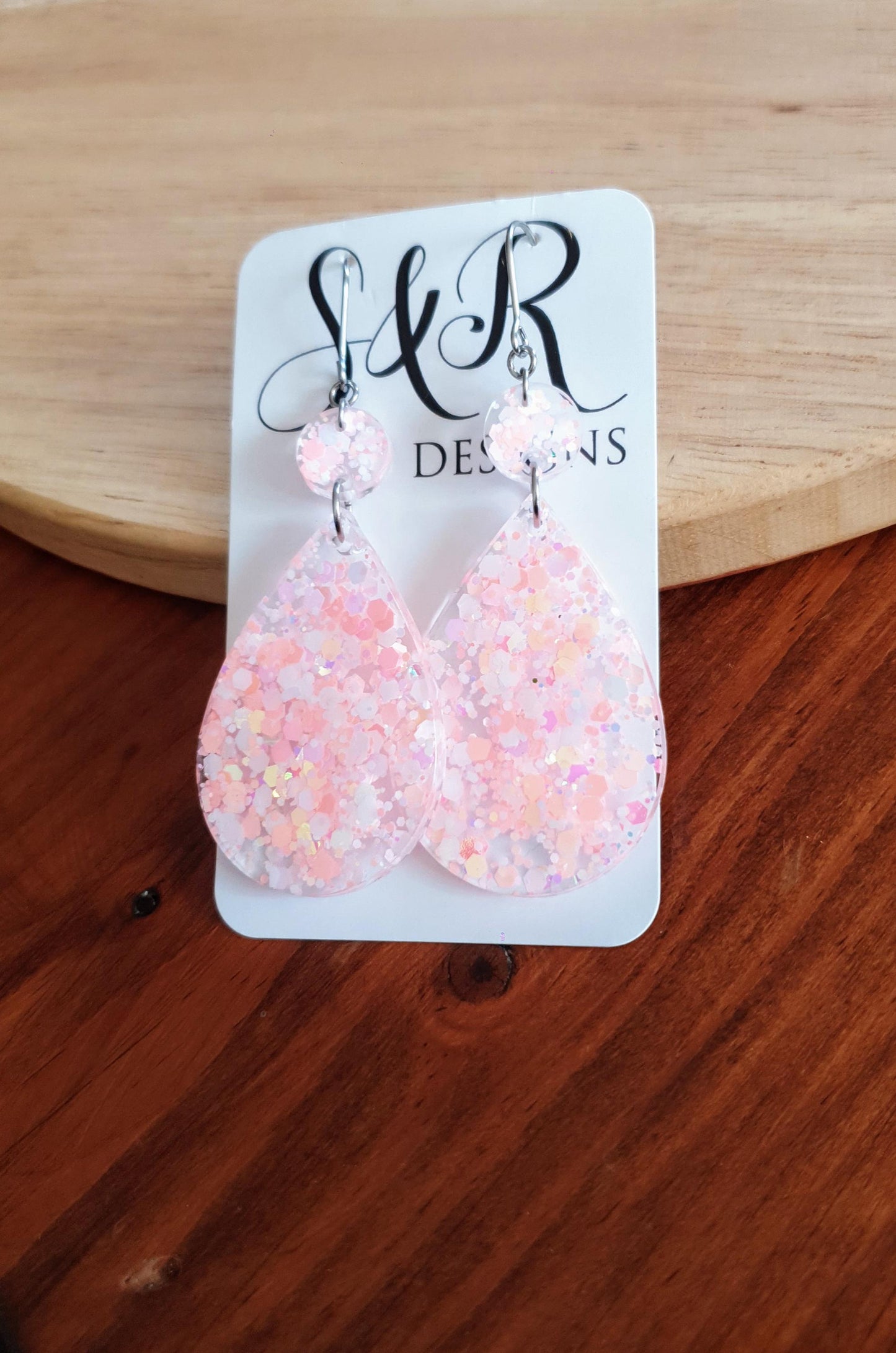 Teardrops Peach Pink Glitter Earrings, Very Light Peach Pink with Holographic Glitter Resin, Stainless Steel, Statement Earrings