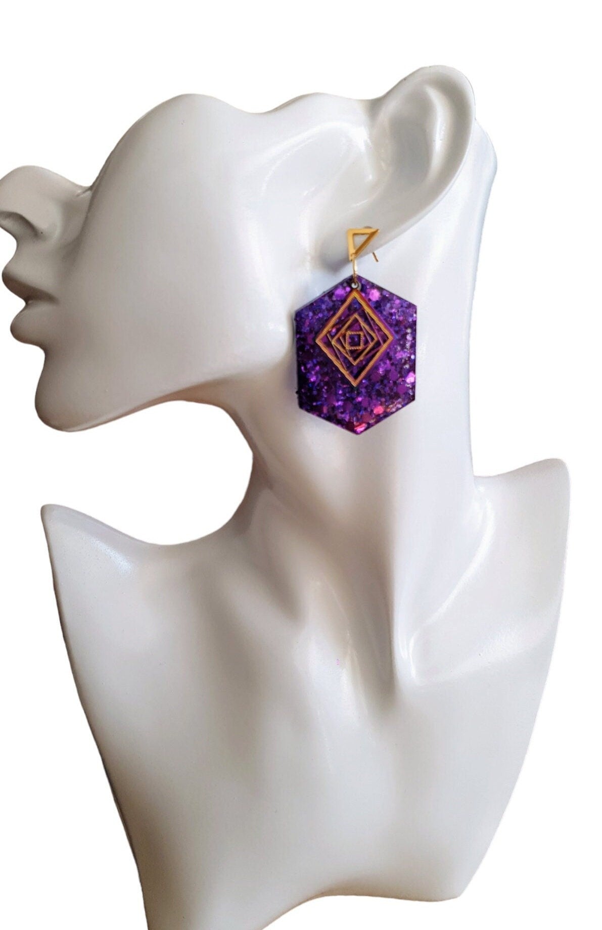 Purple Hexagon with Gold Triangle Dangle Drop Earrings, Resin Handmade with Gold Stainless Steel Stud Earrings, Statement Earrings, Gift
