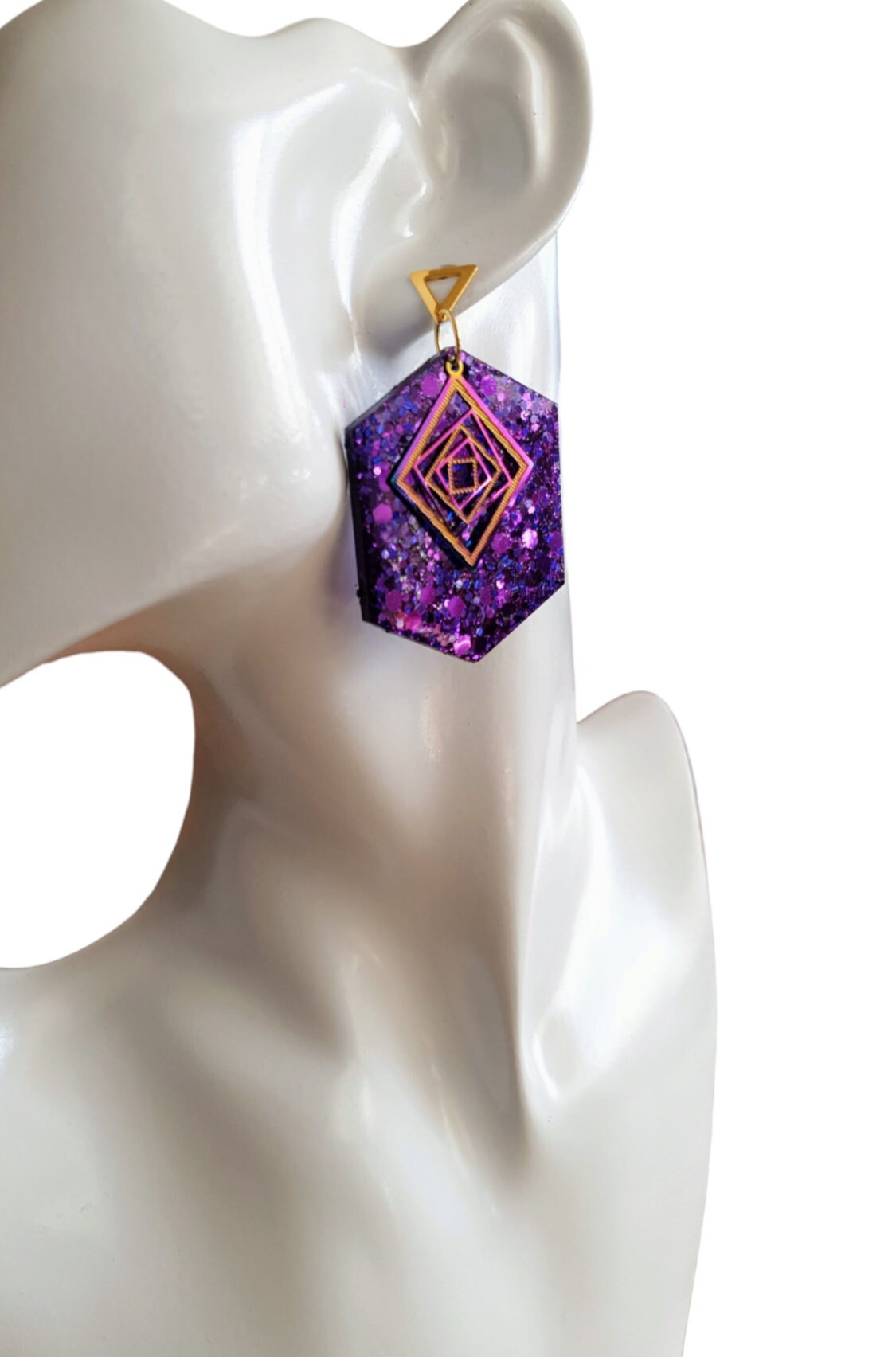 Purple Hexagon with Gold Triangle Dangle Drop Earrings, Resin Handmade with Gold Stainless Steel Stud Earrings, Statement Earrings, Gift