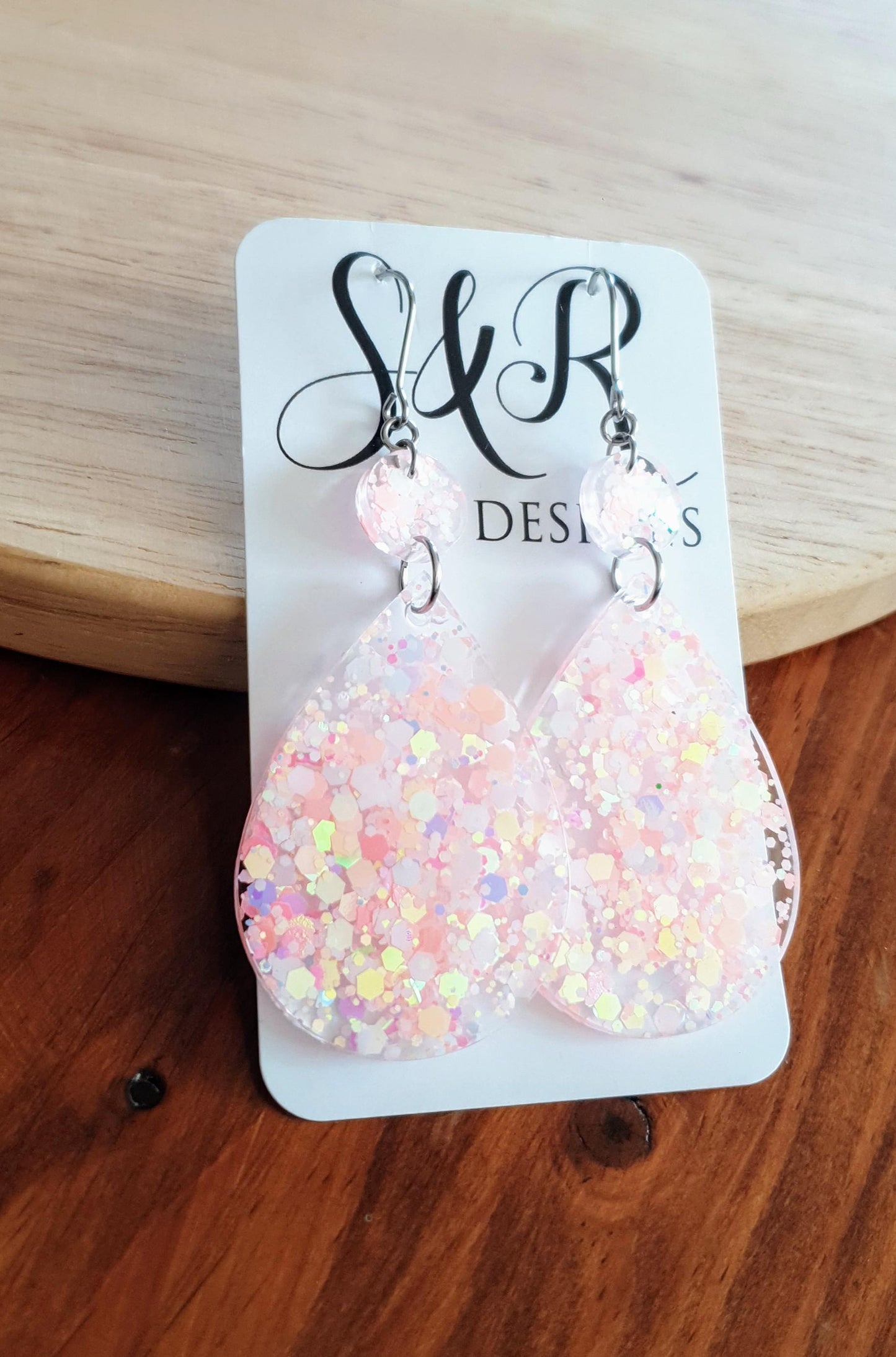 Teardrops Peach Pink Glitter Earrings, Very Light Peach Pink with Holographic Glitter Resin, Stainless Steel, Statement Earrings
